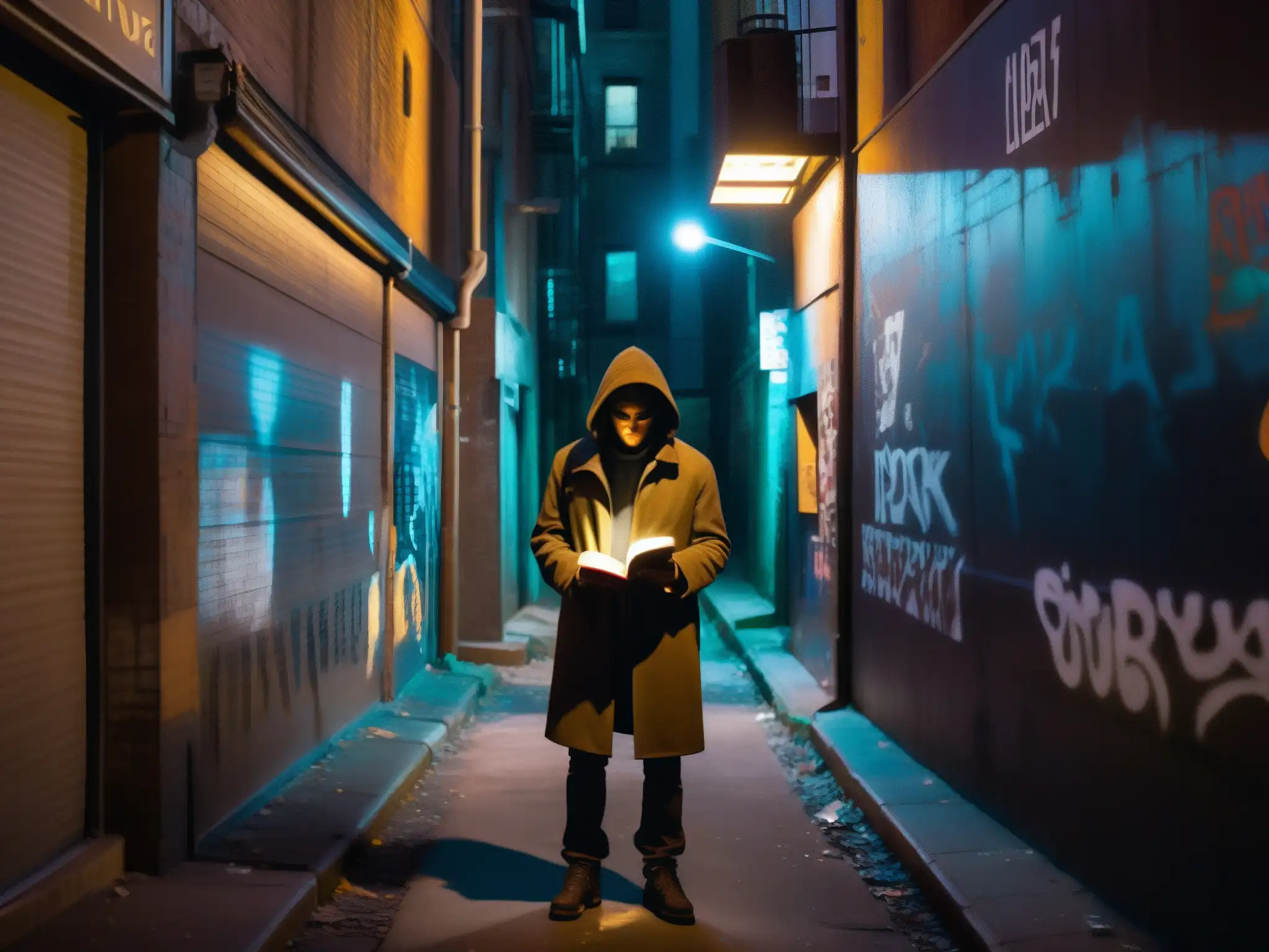 Figura misteriosa en callejón urbano, leyendo libro en penumbra