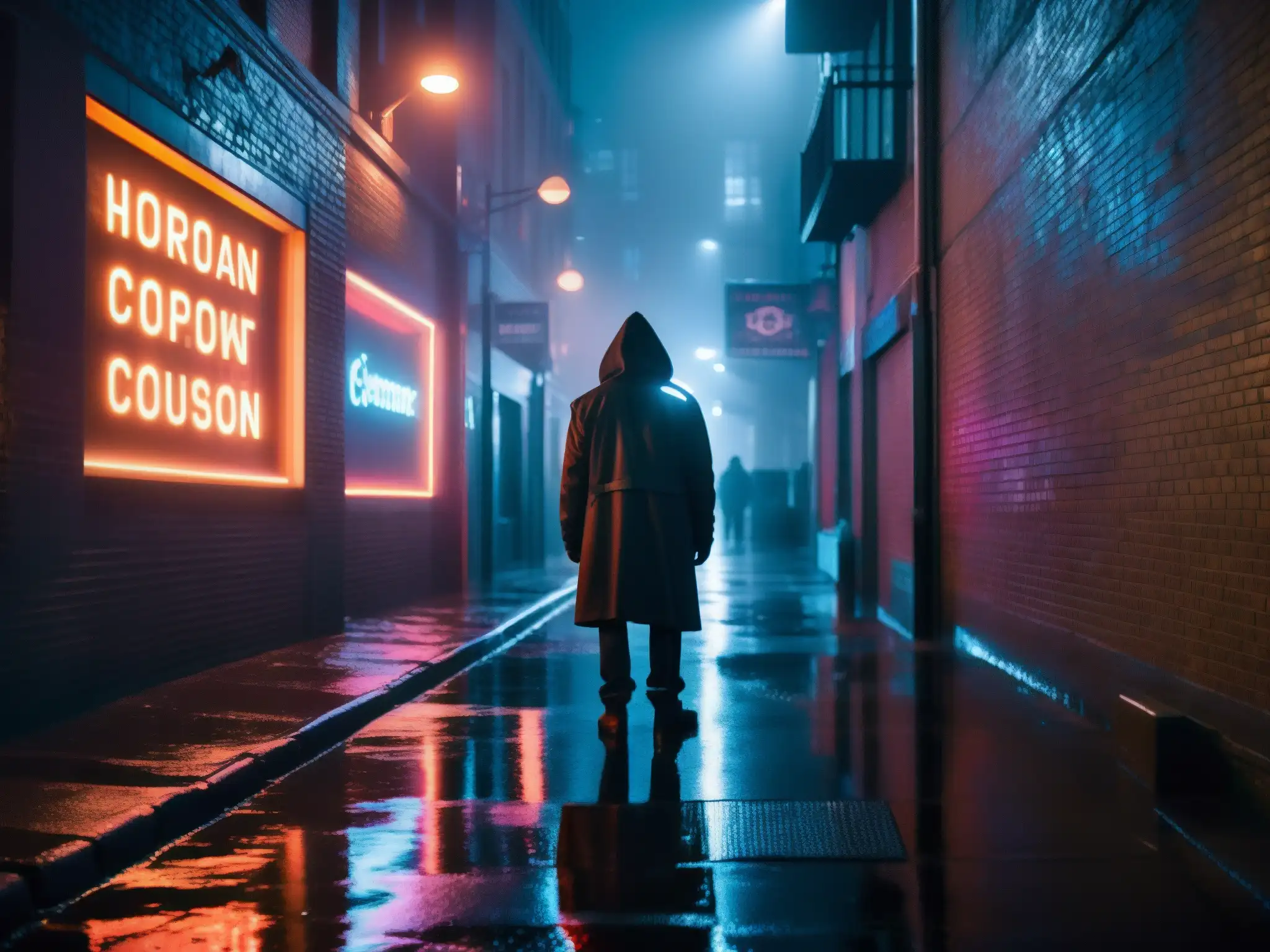 Figura misteriosa camina por la ciudad en la noche, entre luces de neón y sombras largas, evocando leyendas urbanas y la era de la tecnología