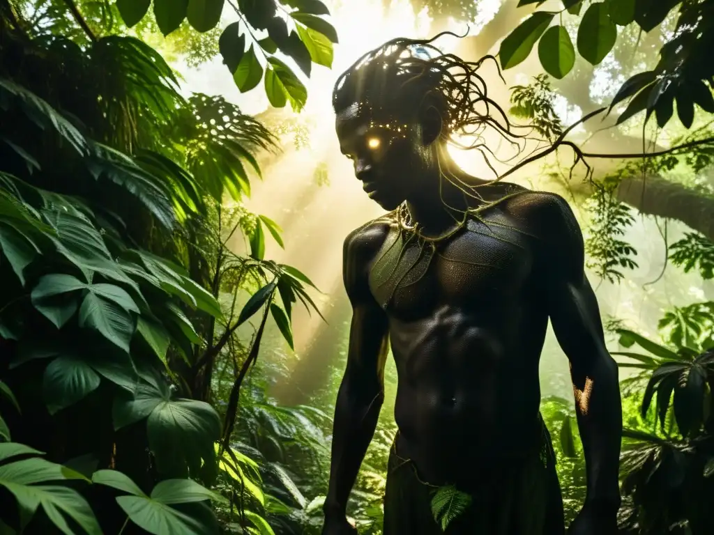 Figura misteriosa en la densa selva de Guinea Ecuatorial, encarnando un mito urbano con ojos penetrantes y extremidades alargadas