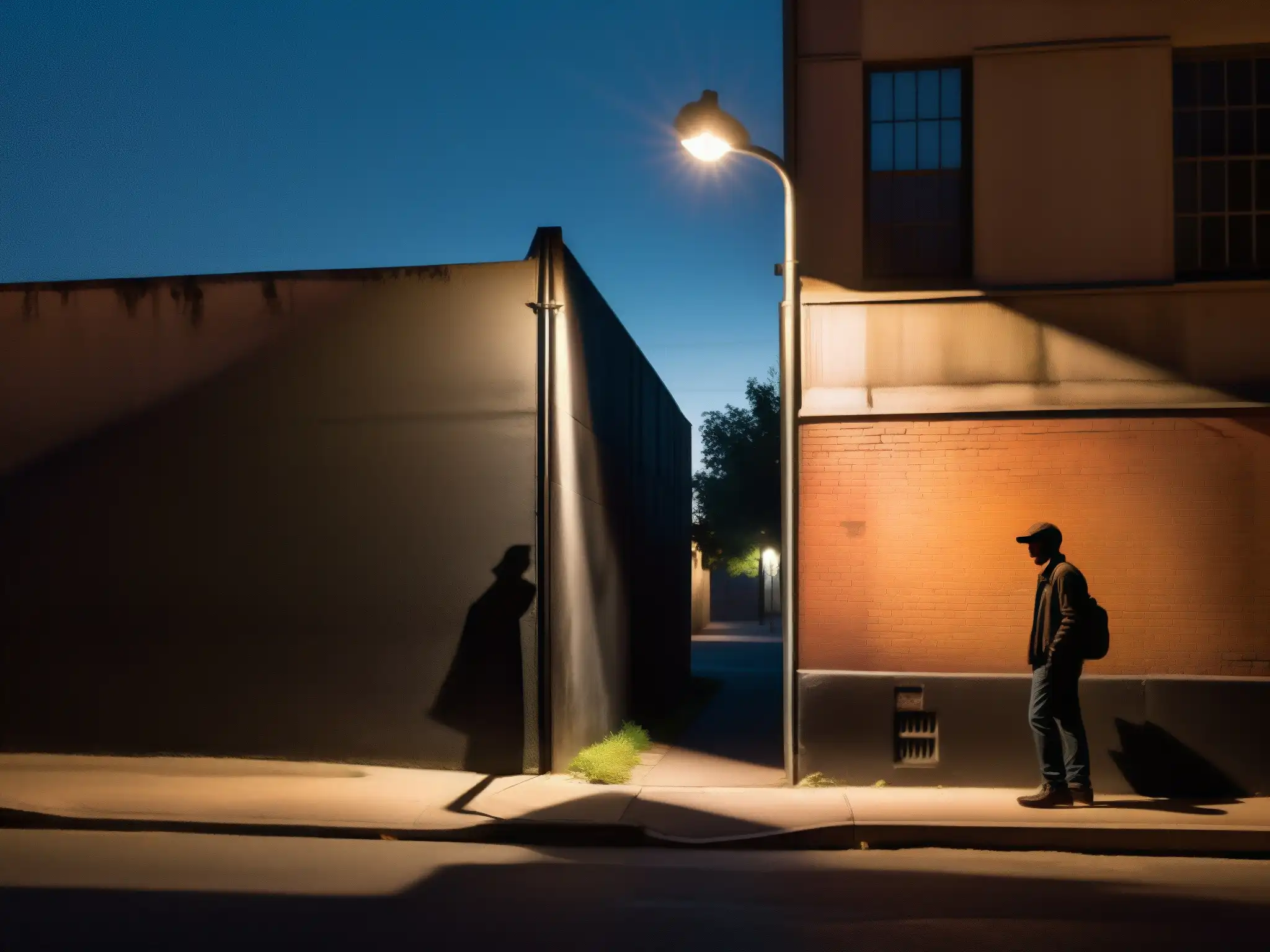 Figura misteriosa en esquina nocturna, entre sombras y graffiti, evocando leyendas urbanas análisis mitos profundidad
