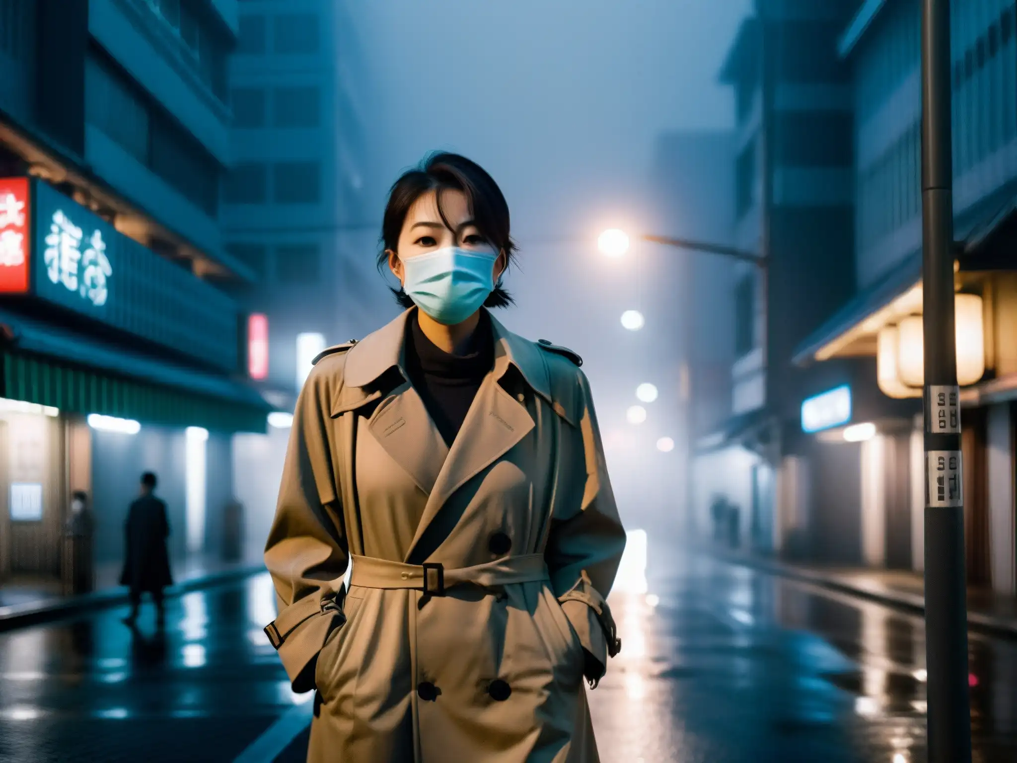 Una figura misteriosa con mascarilla y abrigo bajo una farola en las solitarias calles de Japón de noche, evocando el origen y auge de Kuchisake Onna
