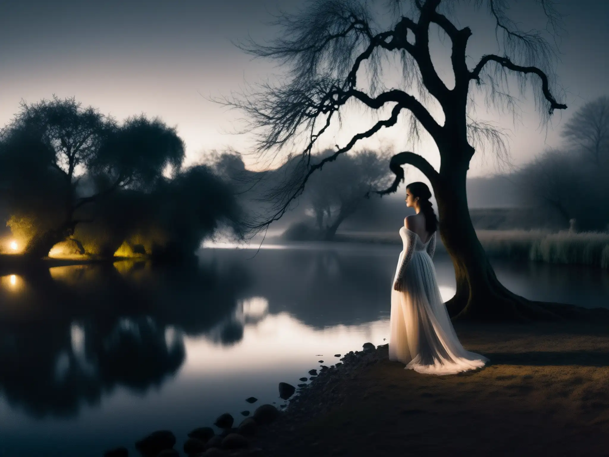 Una figura en la oscuridad junto al río, rodeada de misterio y melancolía