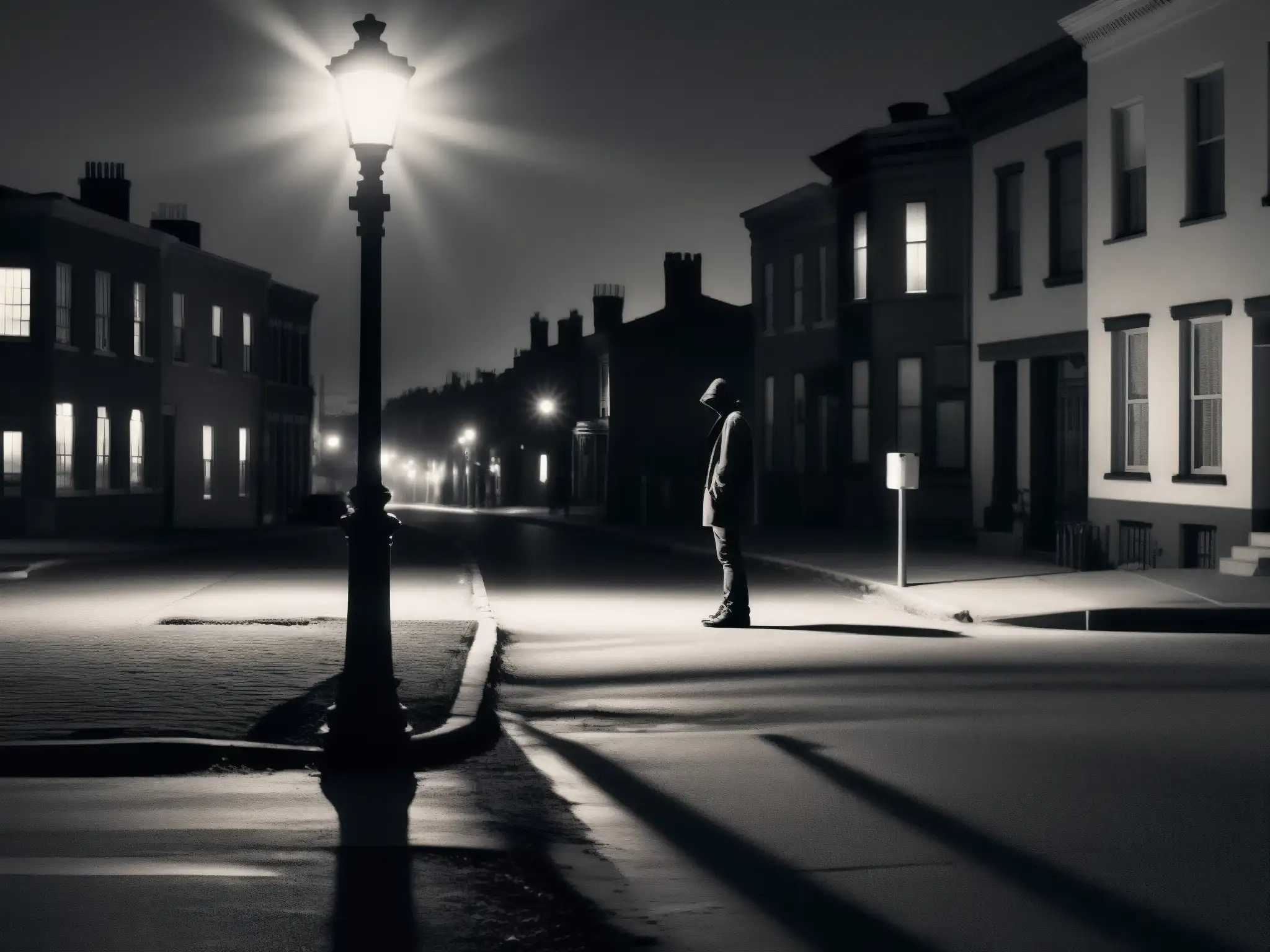 Figura solitaria en la calle desolada de noche, iluminada por la luz de la farola, evocando el impacto de las leyendas urbanas en la salud mental