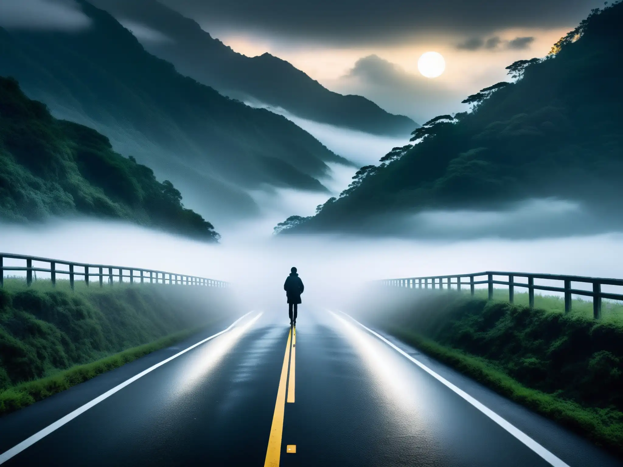 Figura solitaria camina por carretera misteriosa entre la niebla en Taiwán, evocando apariciones misteriosas