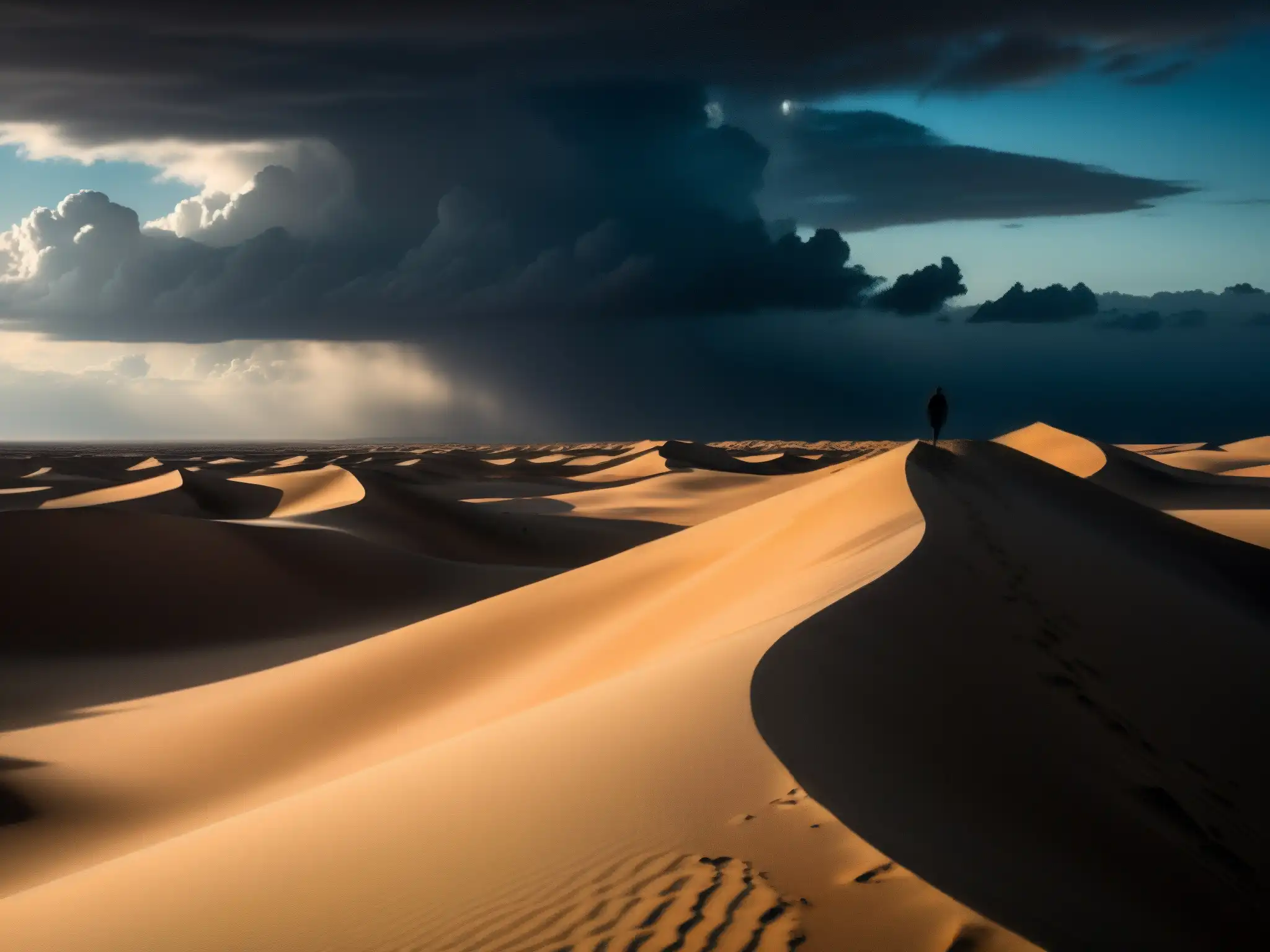 Figura solitaria en un desierto vasto, con nubes negras y presagio