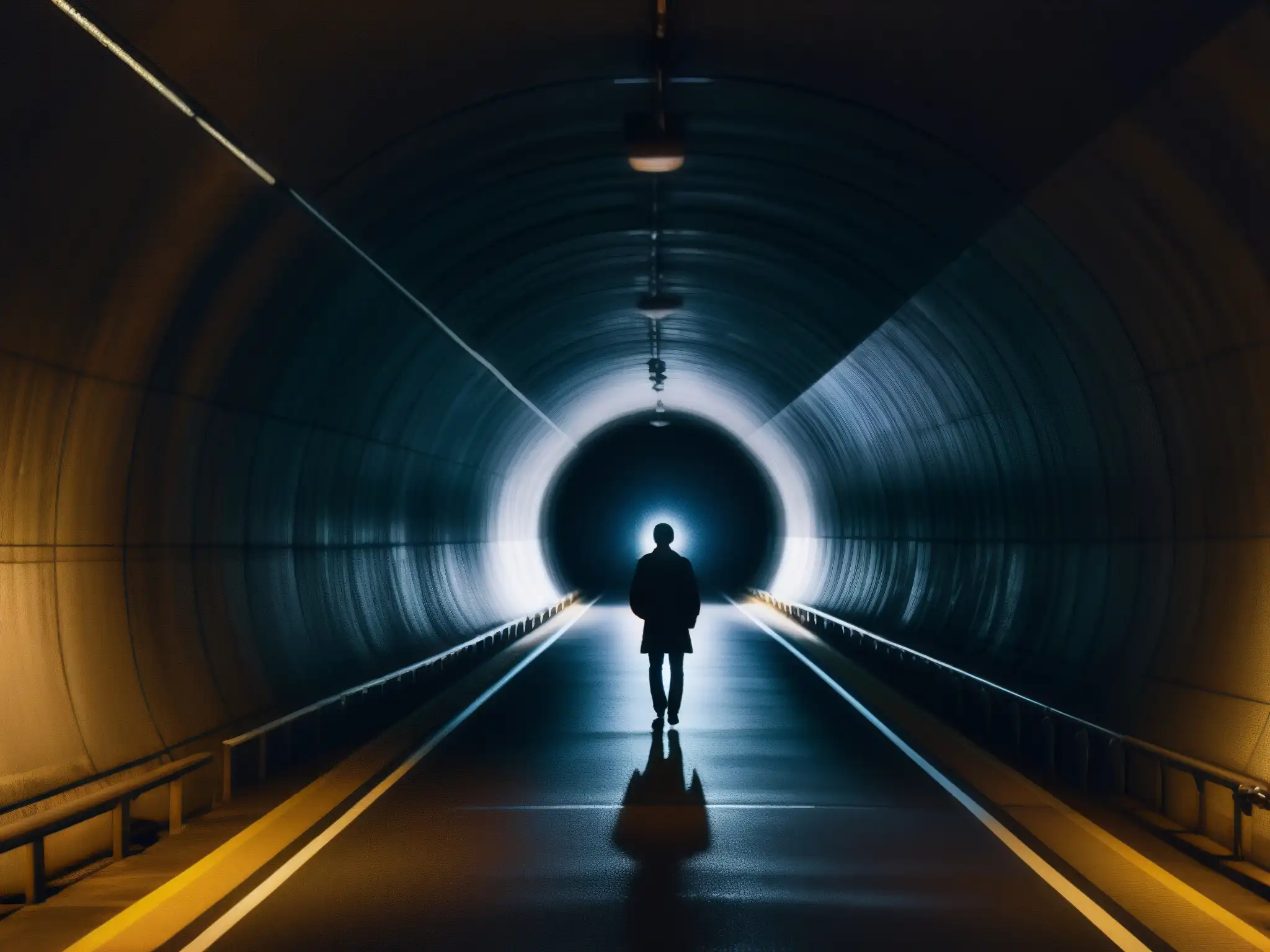 Figura solitaria contemplando la entrada del Túnel de Yamate de noche, evocando misterio y la leyenda de la Mujer del Túnel de Yamate