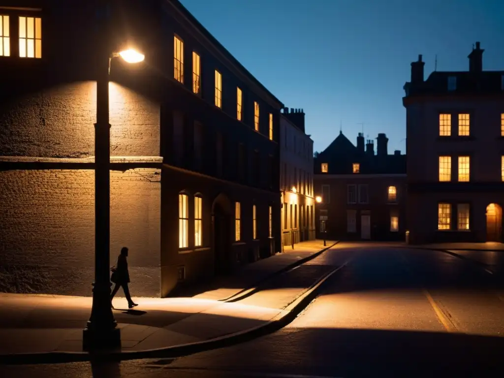 Una figura solitaria camina en una esquina oscura de la calle, bajo la luz tenue de una farola parpadeante