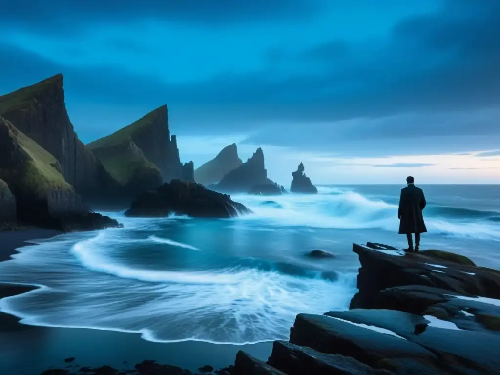 Figura solitaria frente a la costa nórdica, rodeada de neblina y luz azul, evocando la leyenda nórdica espectro acuático