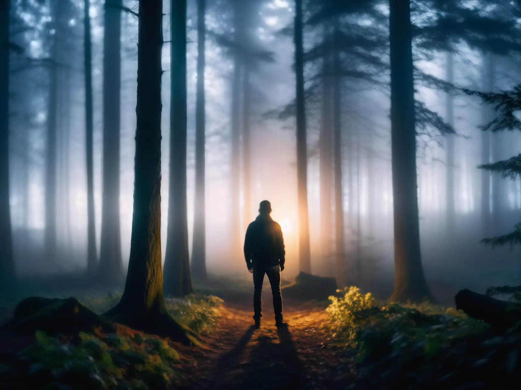 Figura solitaria iluminada por un smartphone en un bosque oscuro y brumoso de noche
