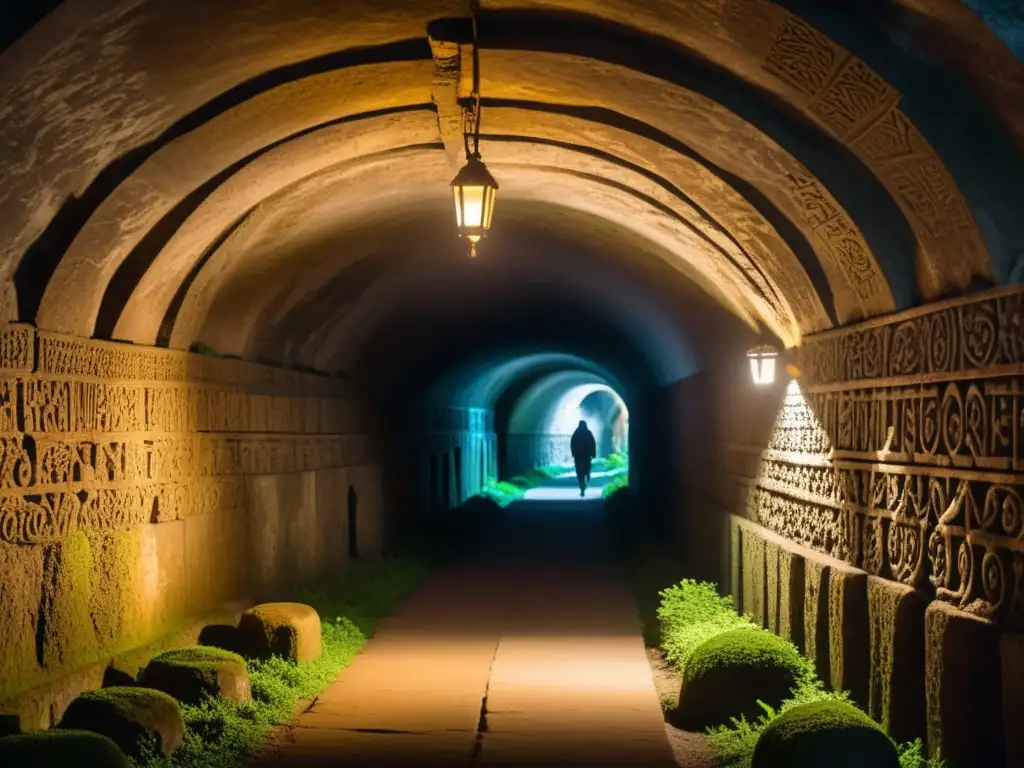 Figura solitaria con linterna en túnel subterráneo de Puebla, lleno de misterio, historia y leyendas de antiguas civilizaciones