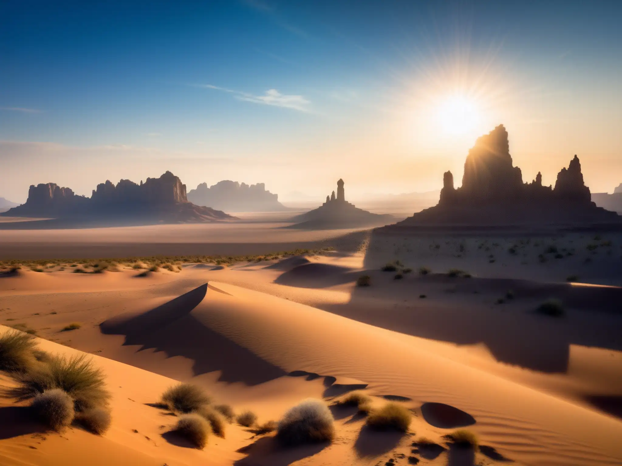 Figura solitaria contempla el misterio de la Zona de Silencio en el desierto de Estados Unidos, bajo un cielo azul y enigmático