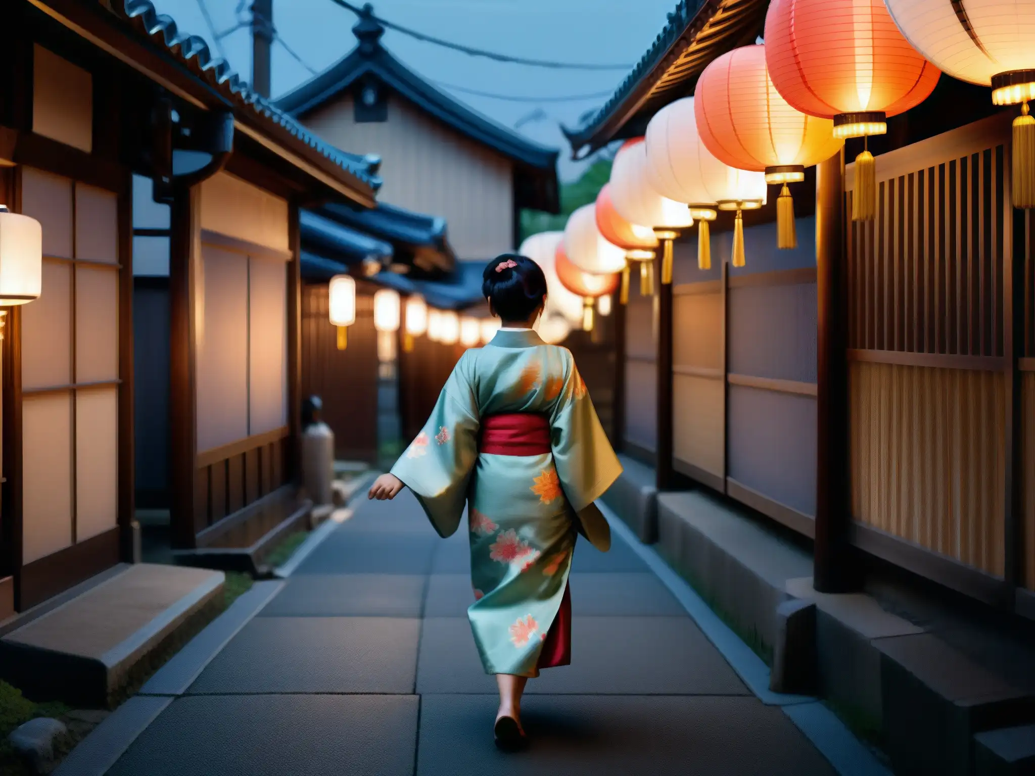Una figura solitaria camina en una misteriosa calle japonesa al anochecer, evocando el origen del mito japonés KuchisakeOnna
