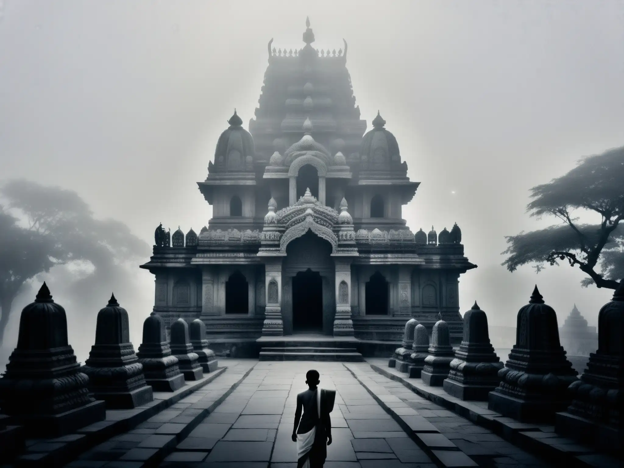 Figura solitaria contempla la misteriosa niebla que envuelve el antiguo templo Mehendipur Balaji, evocando la tragedia y el misterio del lugar