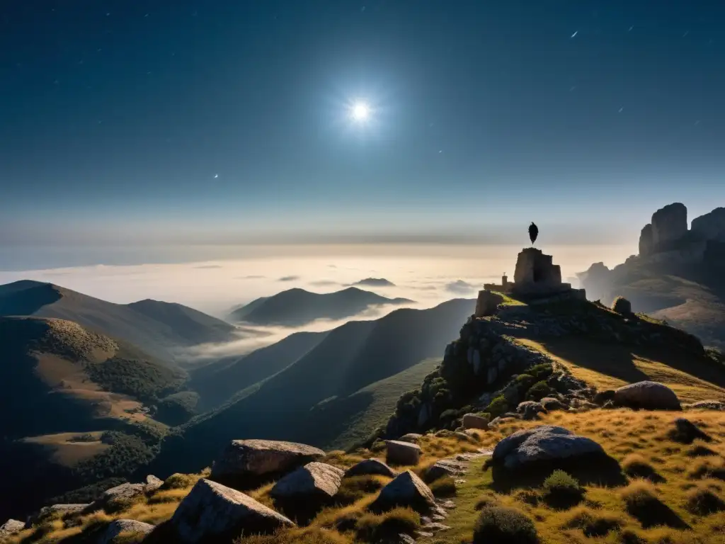 Figura solitaria en la misteriosa noche de leyenda del Hombre Lobo de Córcega, entre las montañas y la niebla, bajo la luz de la luna