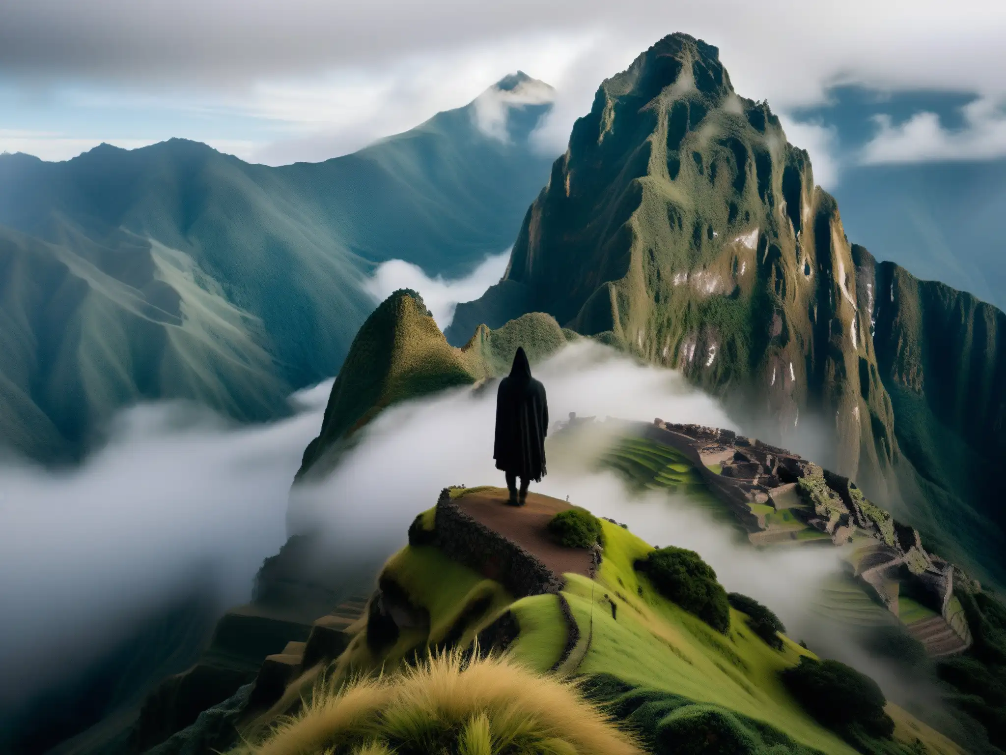 Figura solitaria en la neblina de una montaña peruana, evocando la mítica La Viudita leyenda peruana
