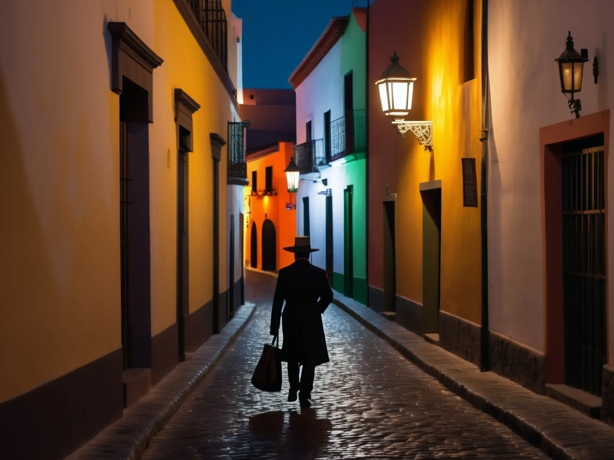 Una figura solitaria camina por las oscuras calles de Querétaro, evocando la enigmática leyenda zacatecana de crimen pasional