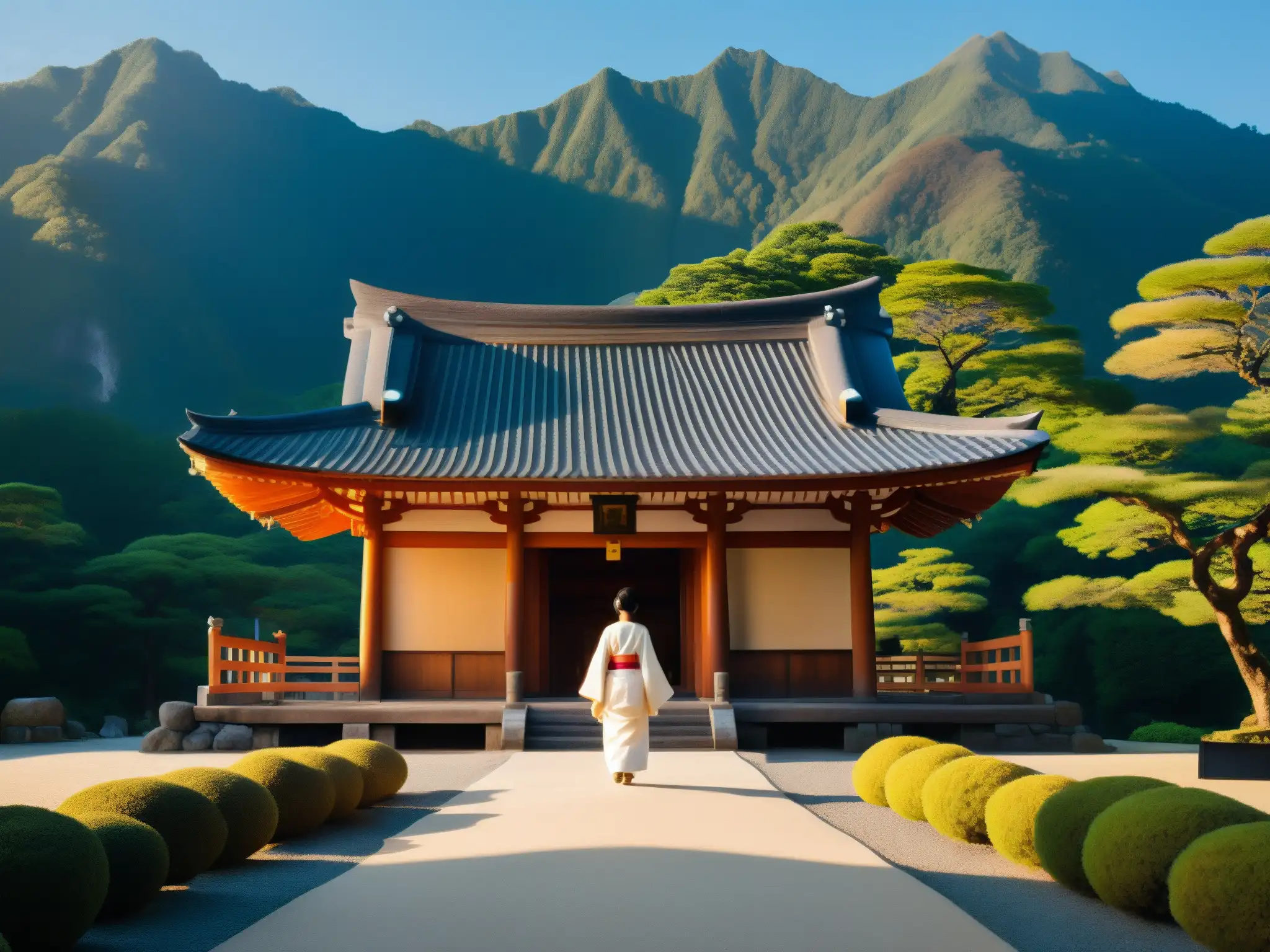 Una figura solitaria contempla un templo japonés entre montañas neblinosas