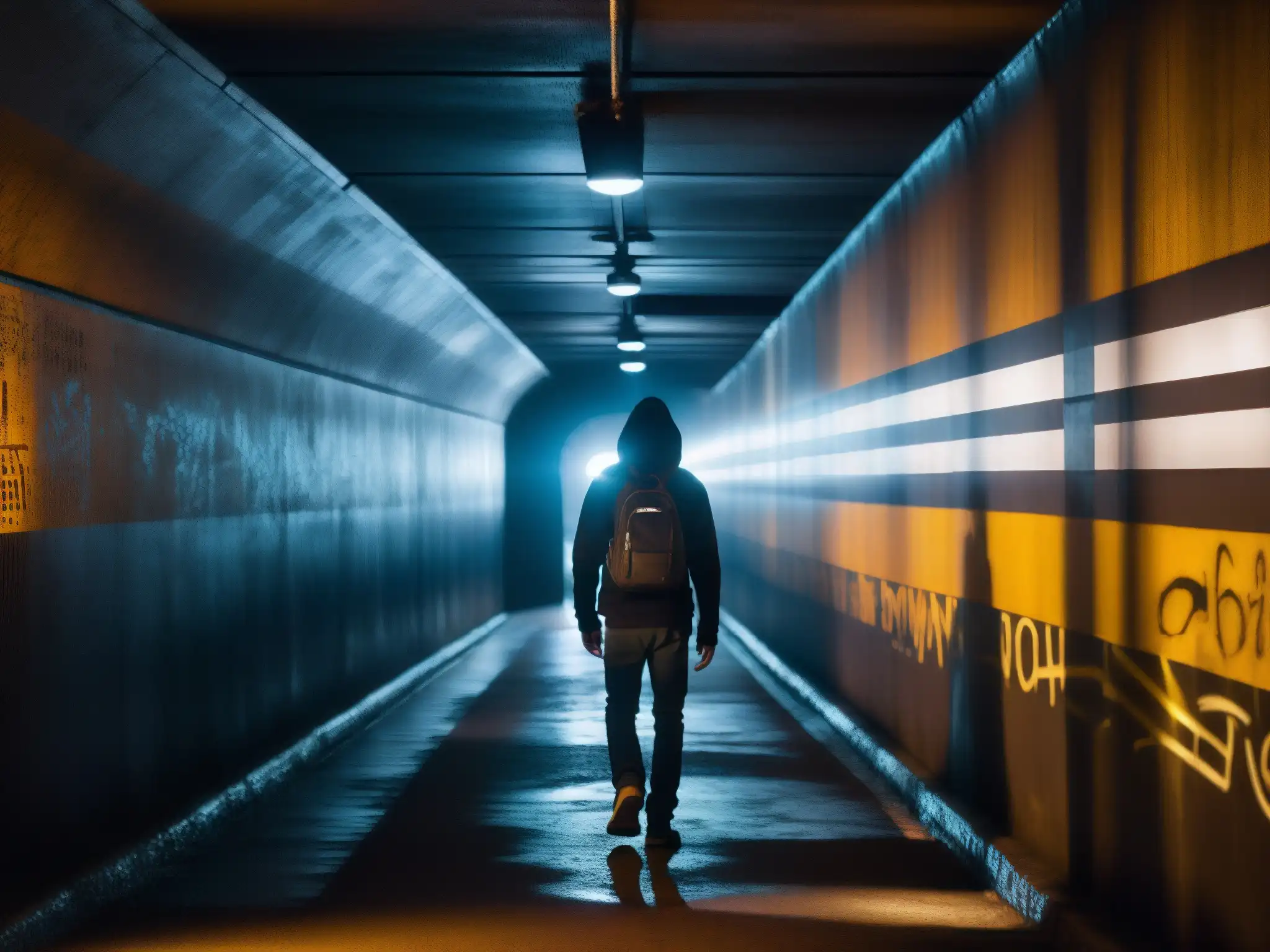 Figura solitaria camina en un túnel subterráneo, iluminada por la luz de un smartphone, evocando leyendas urbanas más aterradoras