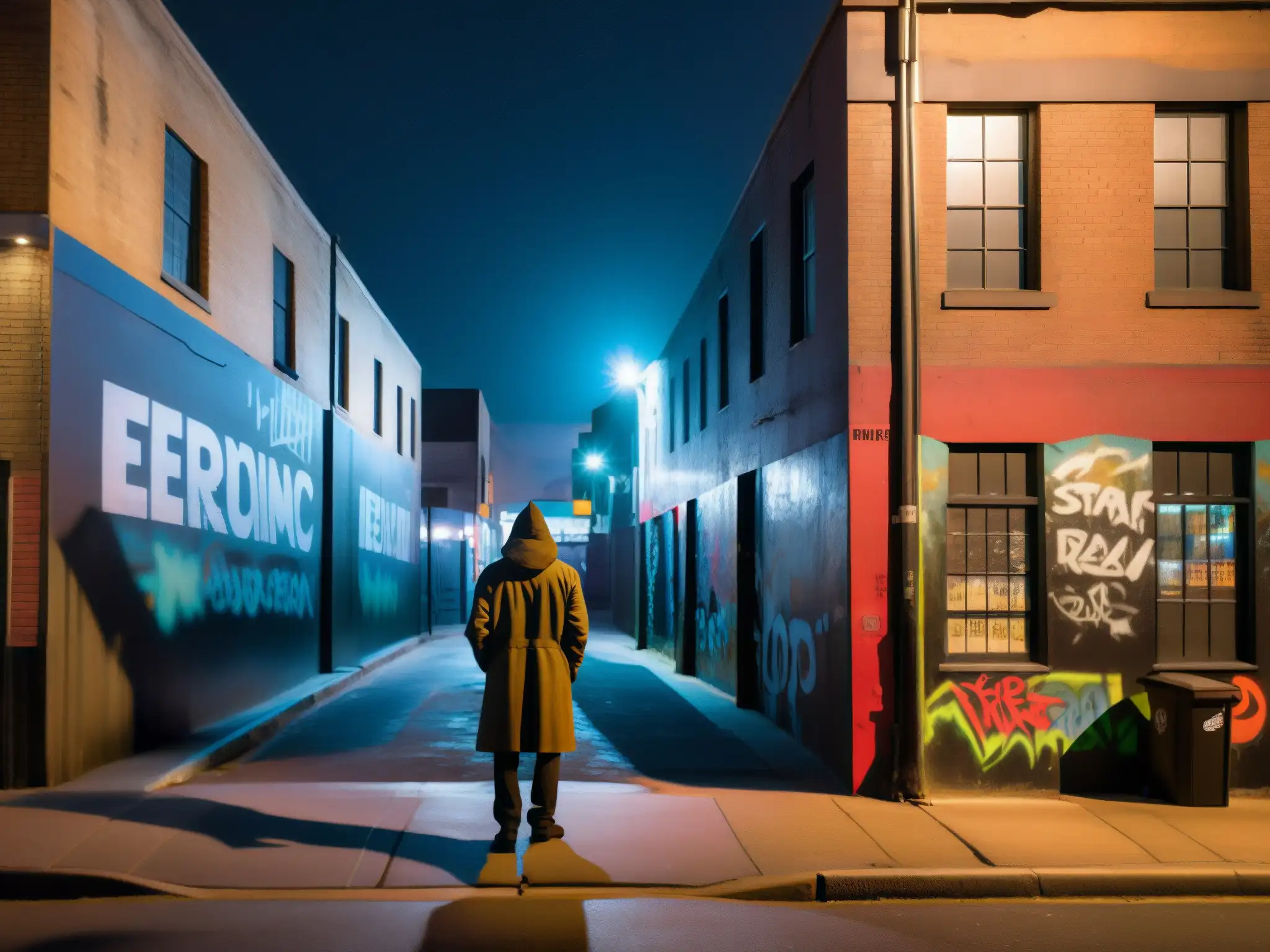 Una figura sombría en una calle de la ciudad, con una pared llena de grafitis sobre leyendas urbanas