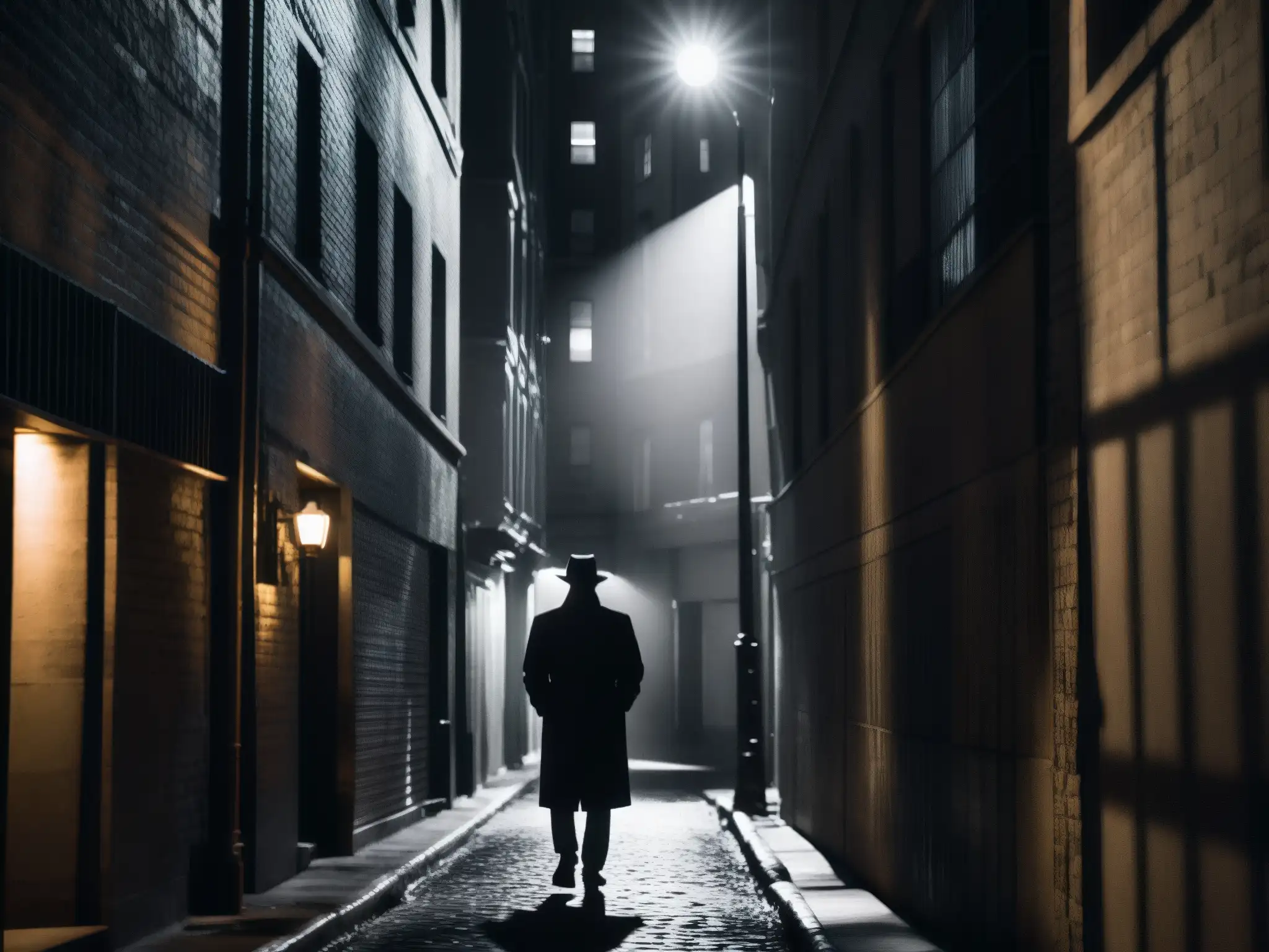 Una figura sombría camina sola por un oscuro callejón urbano, reflejando fobias sociales y leyendas urbanas