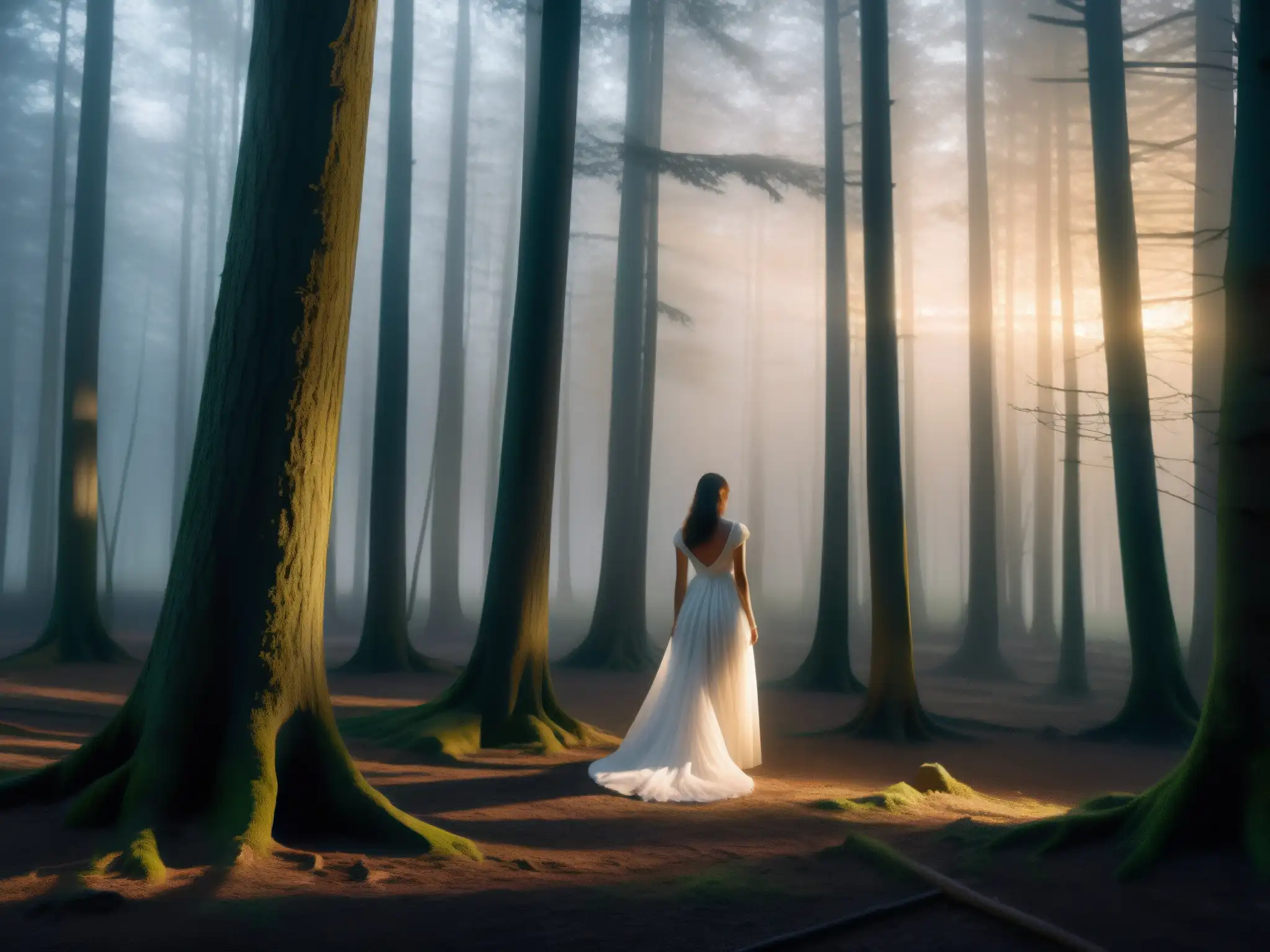 Figura etérea en vestido blanco entre árboles en bosque brumoso al atardecer, evocando misterio y leyendas de apariciones mujer blanco