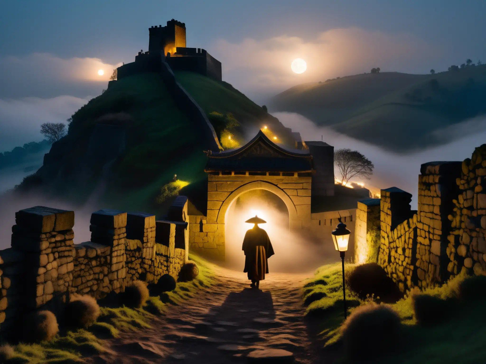 Figuras misteriosas en la neblina, iluminadas por linternas, en la entrada del túnel en la colina de Barog