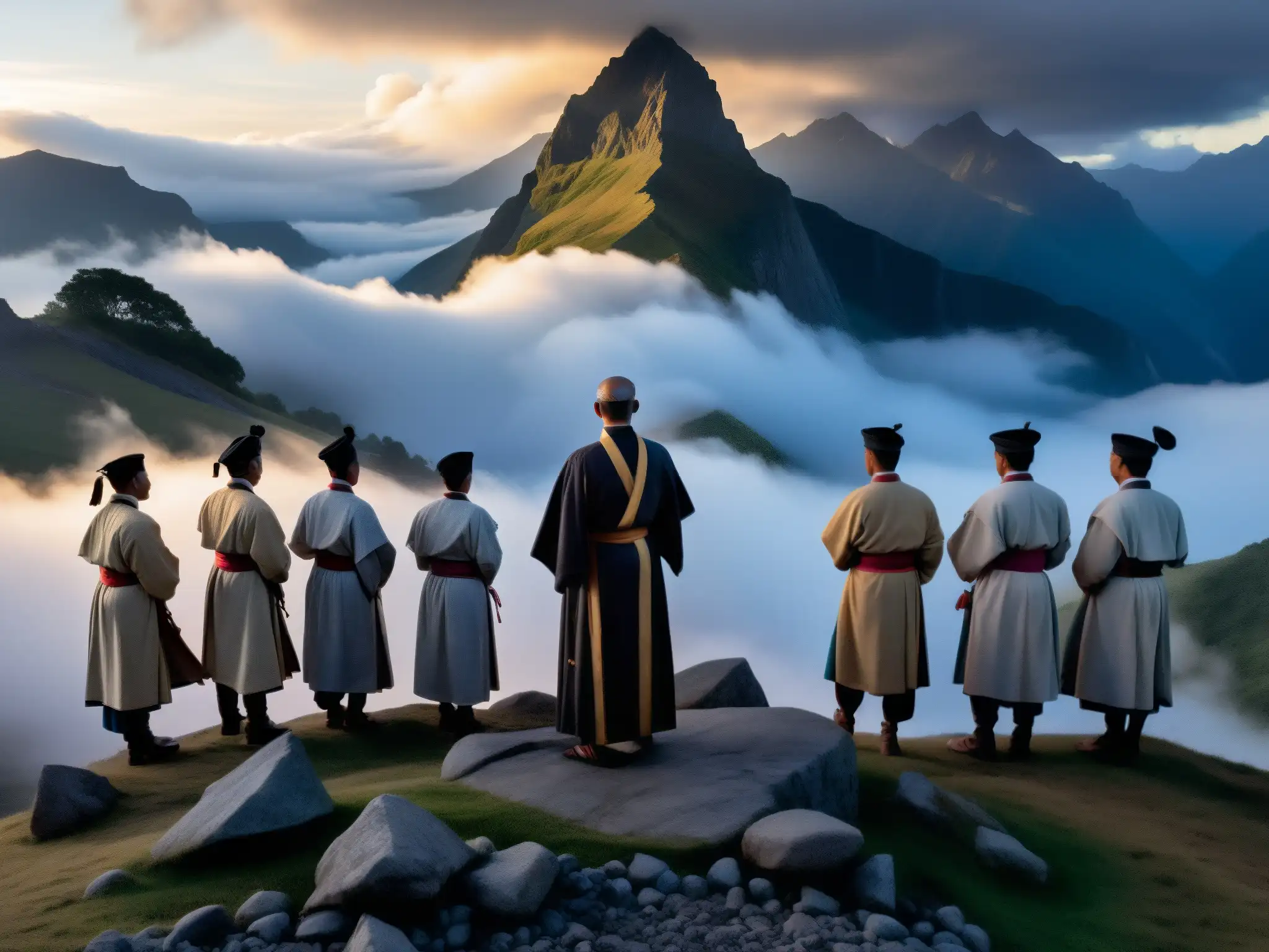 Figuras en túnicas realizan rituales misteriosos en la neblinosa montaña Akakura al amanecer