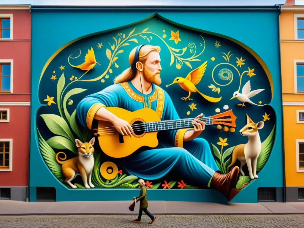 Väinämöinen, mitología finlandesa, influencia cultural en mural de Helsinki con música y criaturas míticas en colores vibrantes