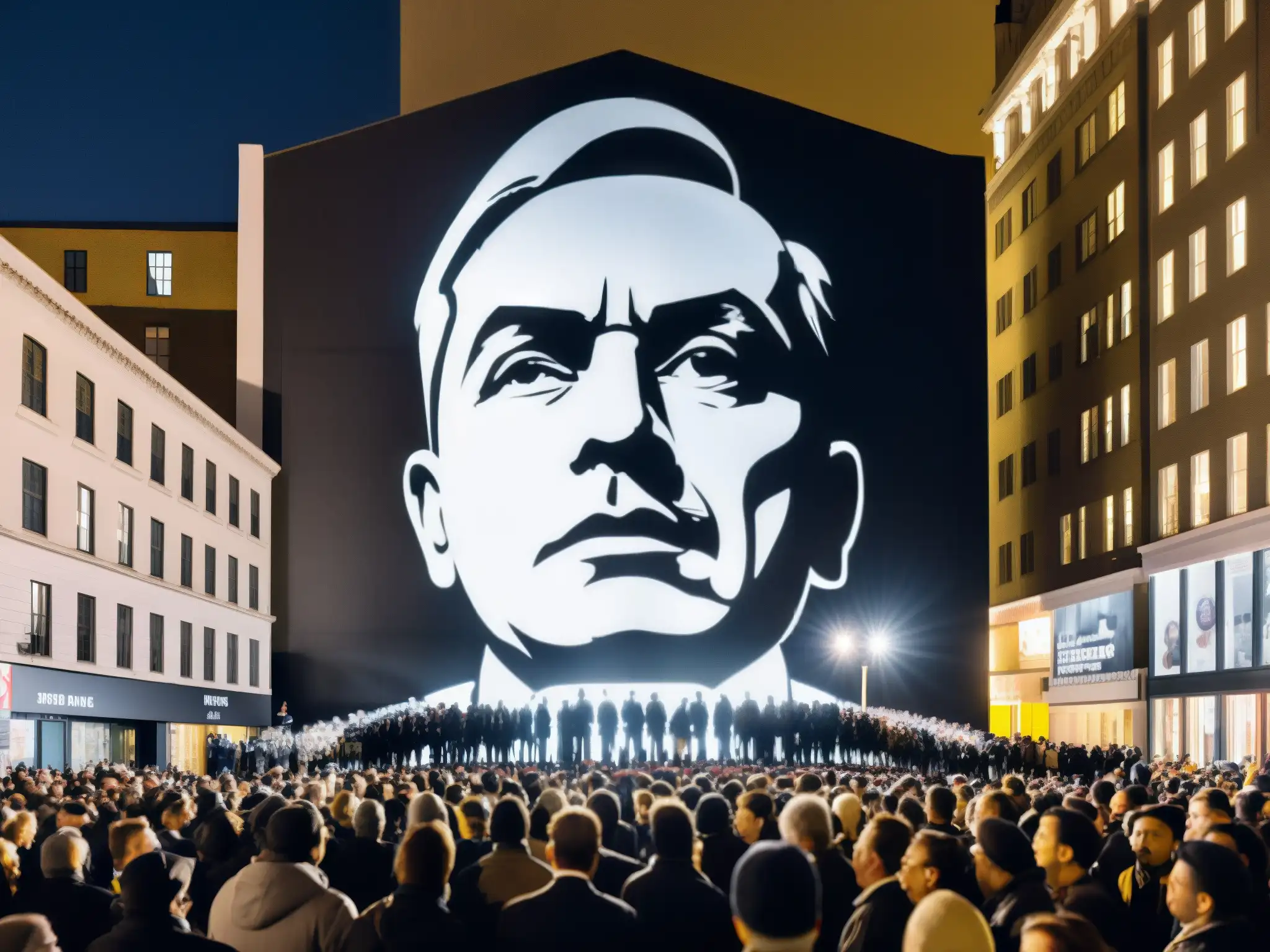 Una foto en blanco y negro de una bulliciosa calle nocturna con una multitud reunida alrededor de un mural político iluminado