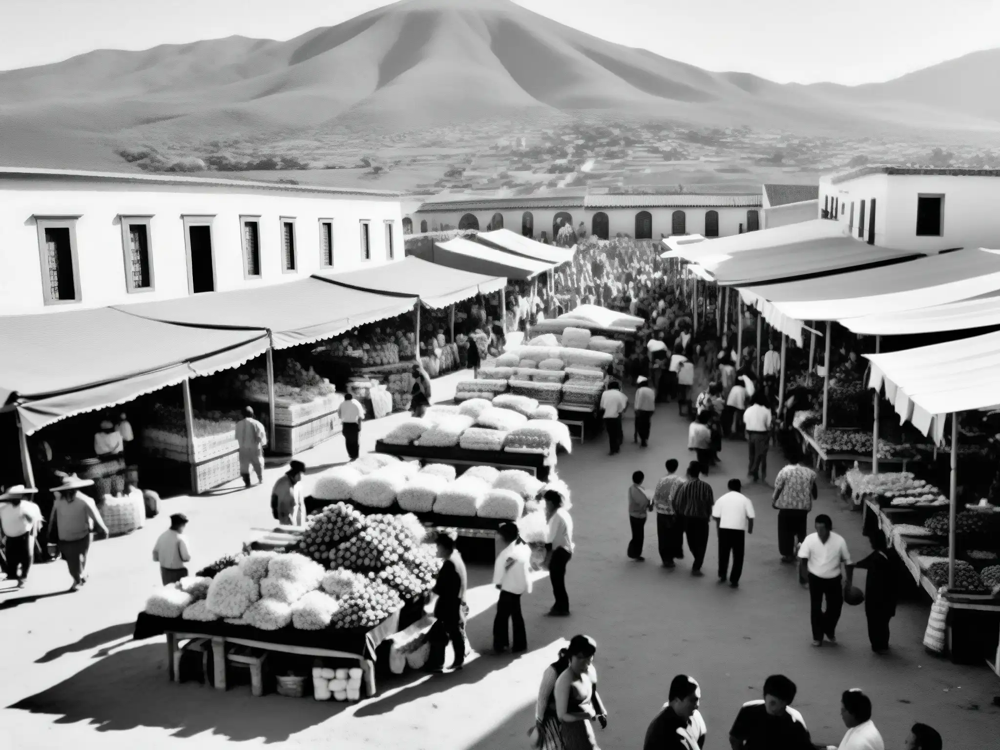 Una foto en blanco y negro del bullicioso mercado en Espinazo, México, donde el Niño Fidencio realizaba sus rituales de sanación
