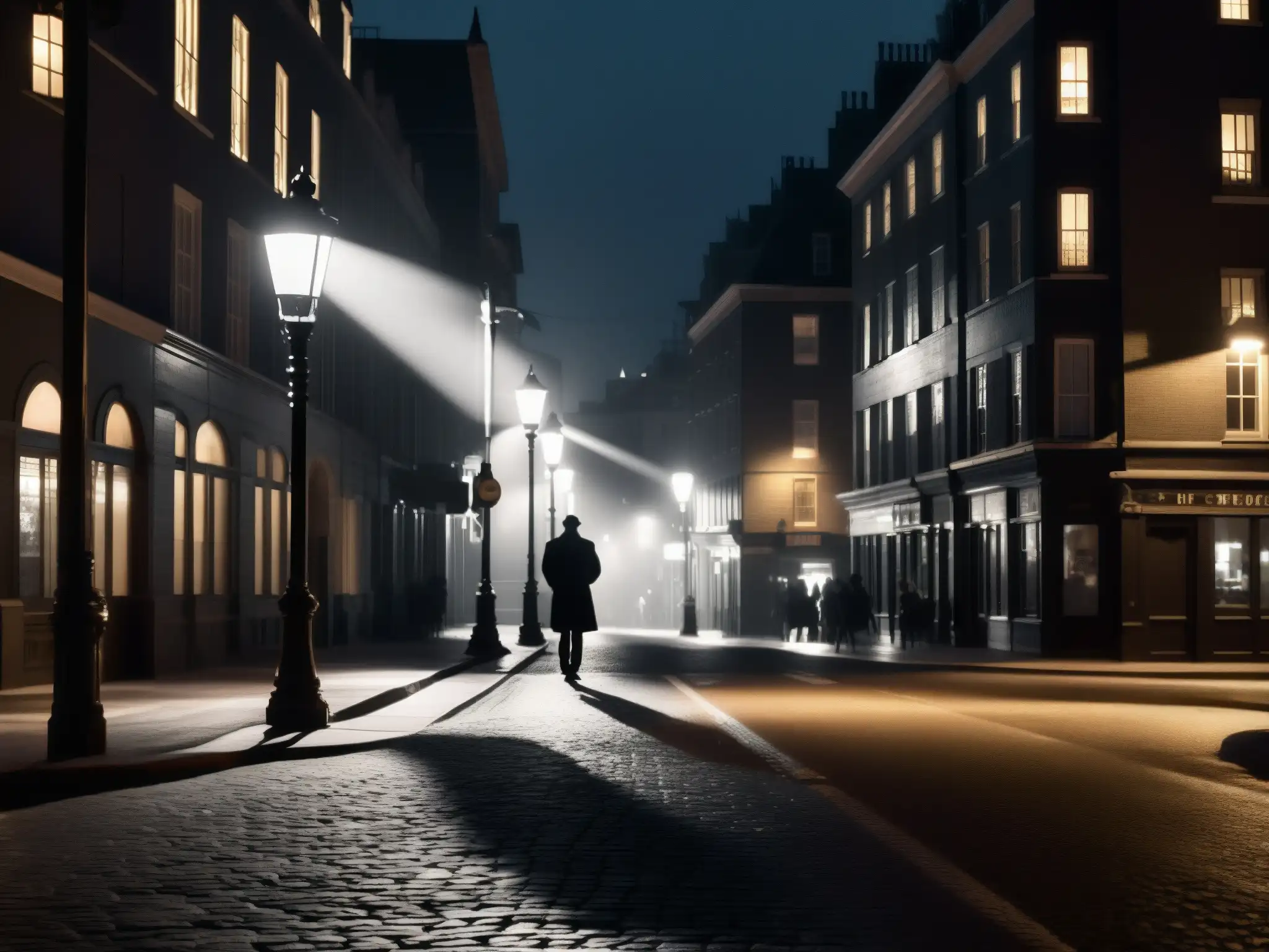 Foto en blanco y negro de una calle urbana tenue en la noche, con una figura en la distancia y una farola parpadeante