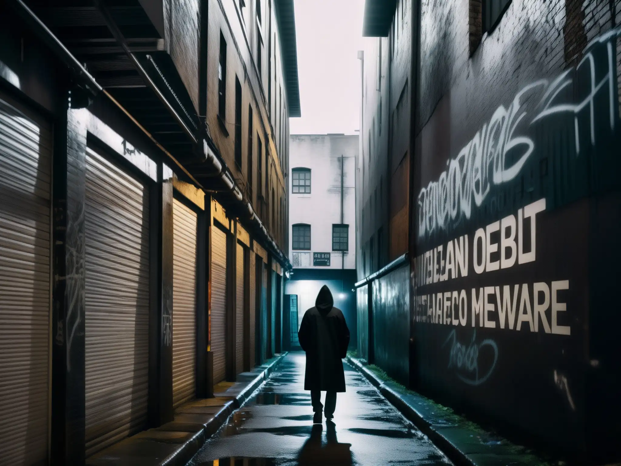 Foto en blanco y negro de un callejón urbano con grafitis, una figura solitaria en sombras