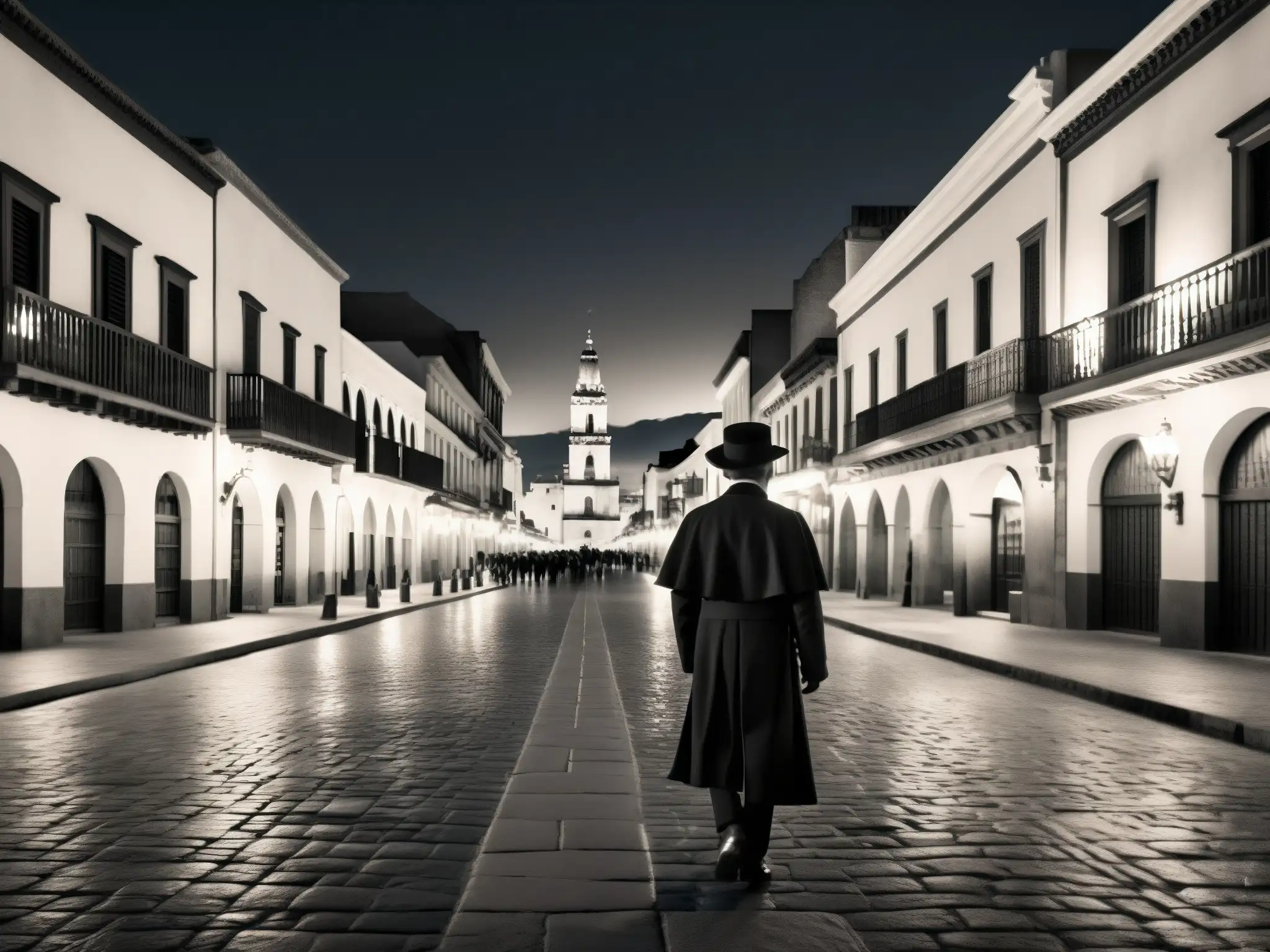 Foto en blanco y negro del centro histórico de Guadalajara de noche, con calles tenues y edificios antiguos, creando una atmósfera misteriosa