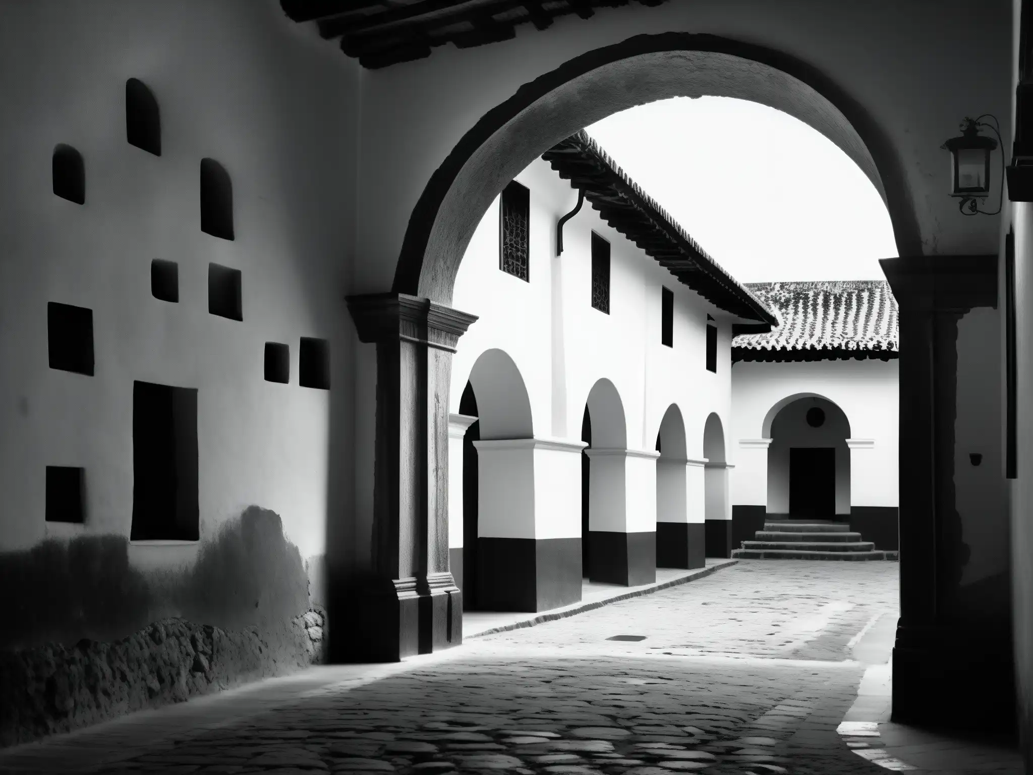 Foto en blanco y negro de los claustros antiguos en Antigua Guatemala con la leyenda de la Monja Blanca, capturando la esencia misteriosa y legendaria del lugar
