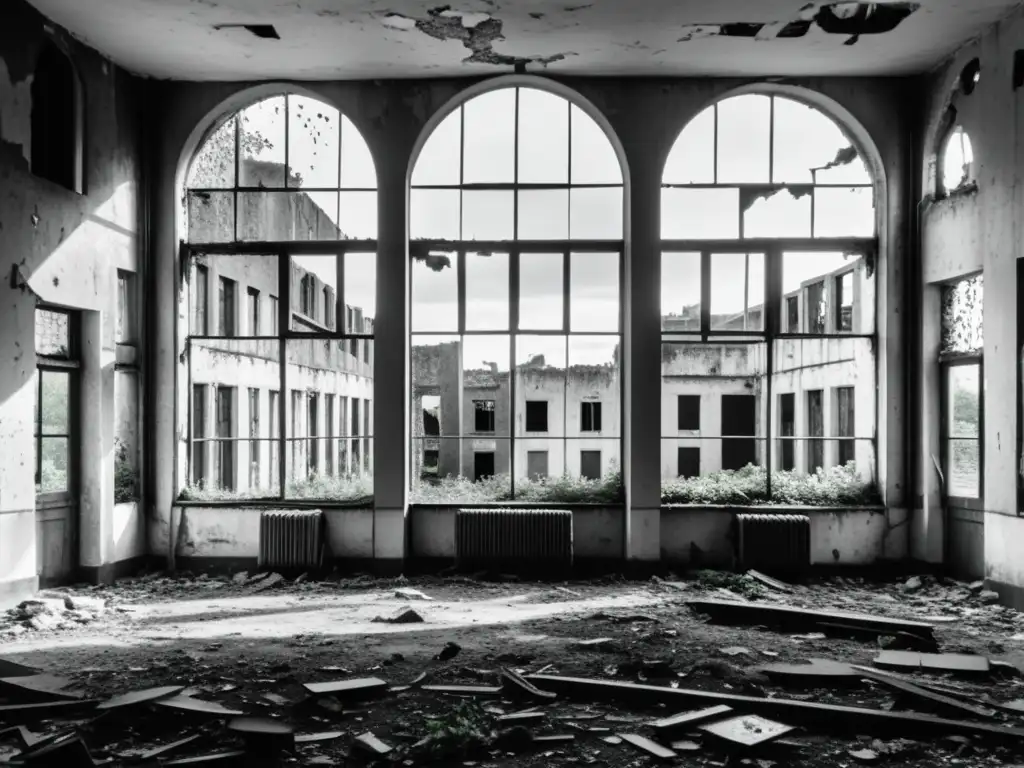 Foto en blanco y negro de un edificio abandonado en una ciudad europea en guerra, con ventanas rotas, paredes derruidas y vegetación desbordante