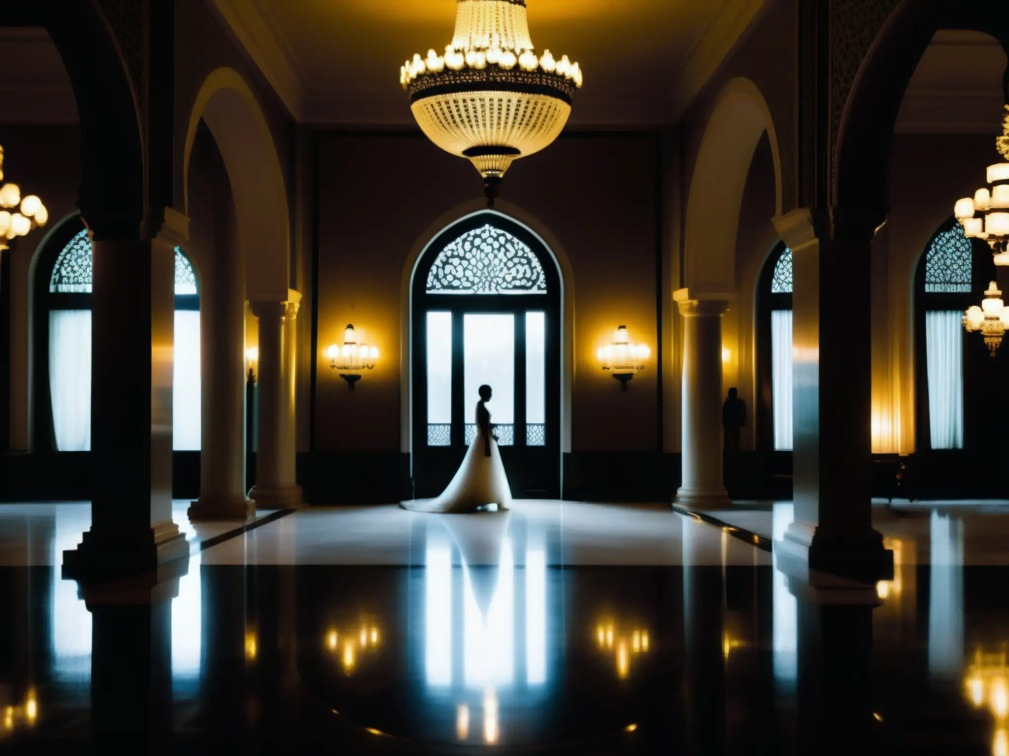 Una foto en blanco y negro del elegante vestíbulo del Hotel Taj Mahal Palace