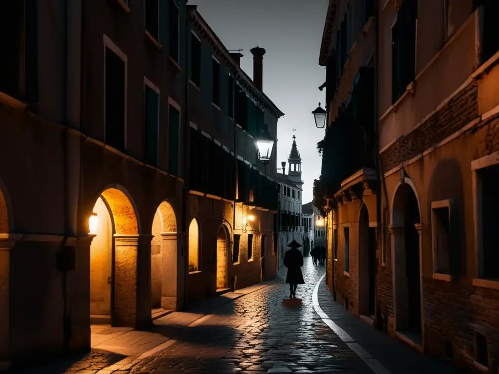 Foto en blanco y negro de las estrechas calles de Venecia de noche, iluminadas por lámparas antiguas