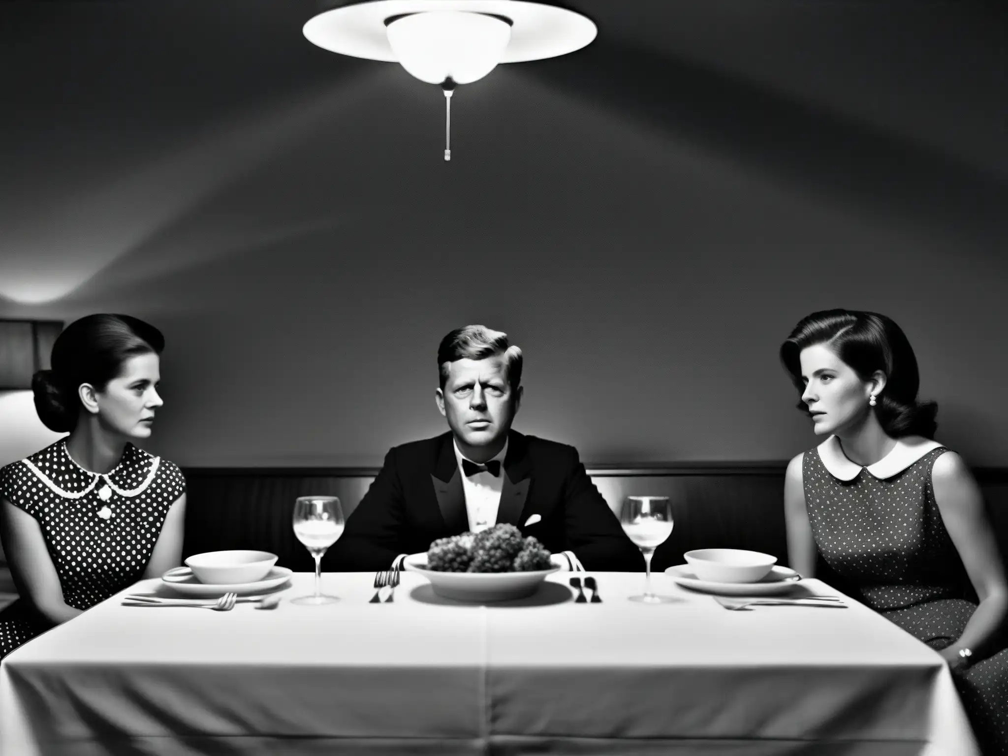 La maldición de los Kennedy: una foto en blanco y negro de la familia reunida alrededor de la mesa, con expresiones sombrías