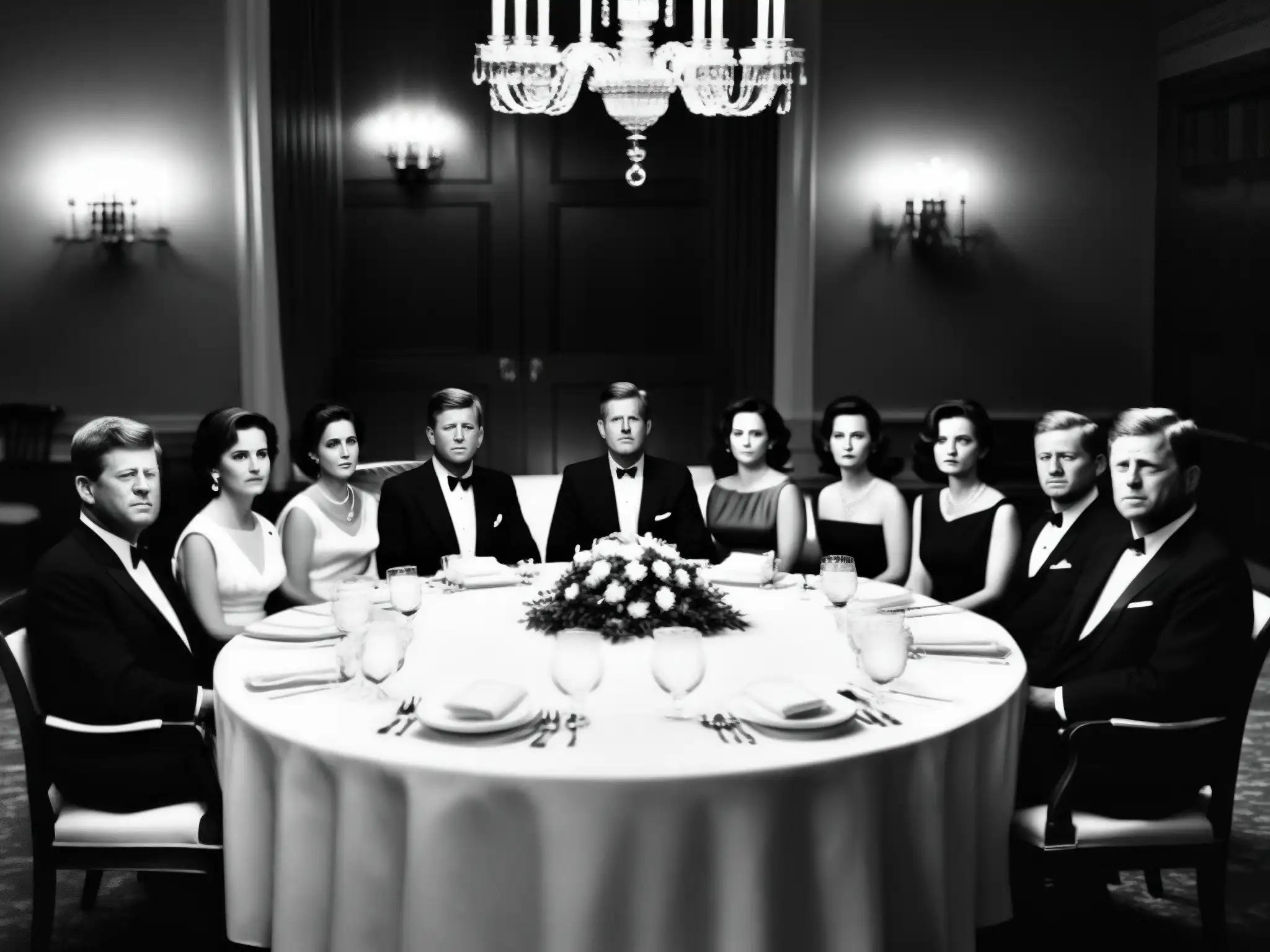 Foto en blanco y negro de la familia Kennedy en una cena formal, con expresiones serias y sillas vacías que simbolizan miembros perdidos
