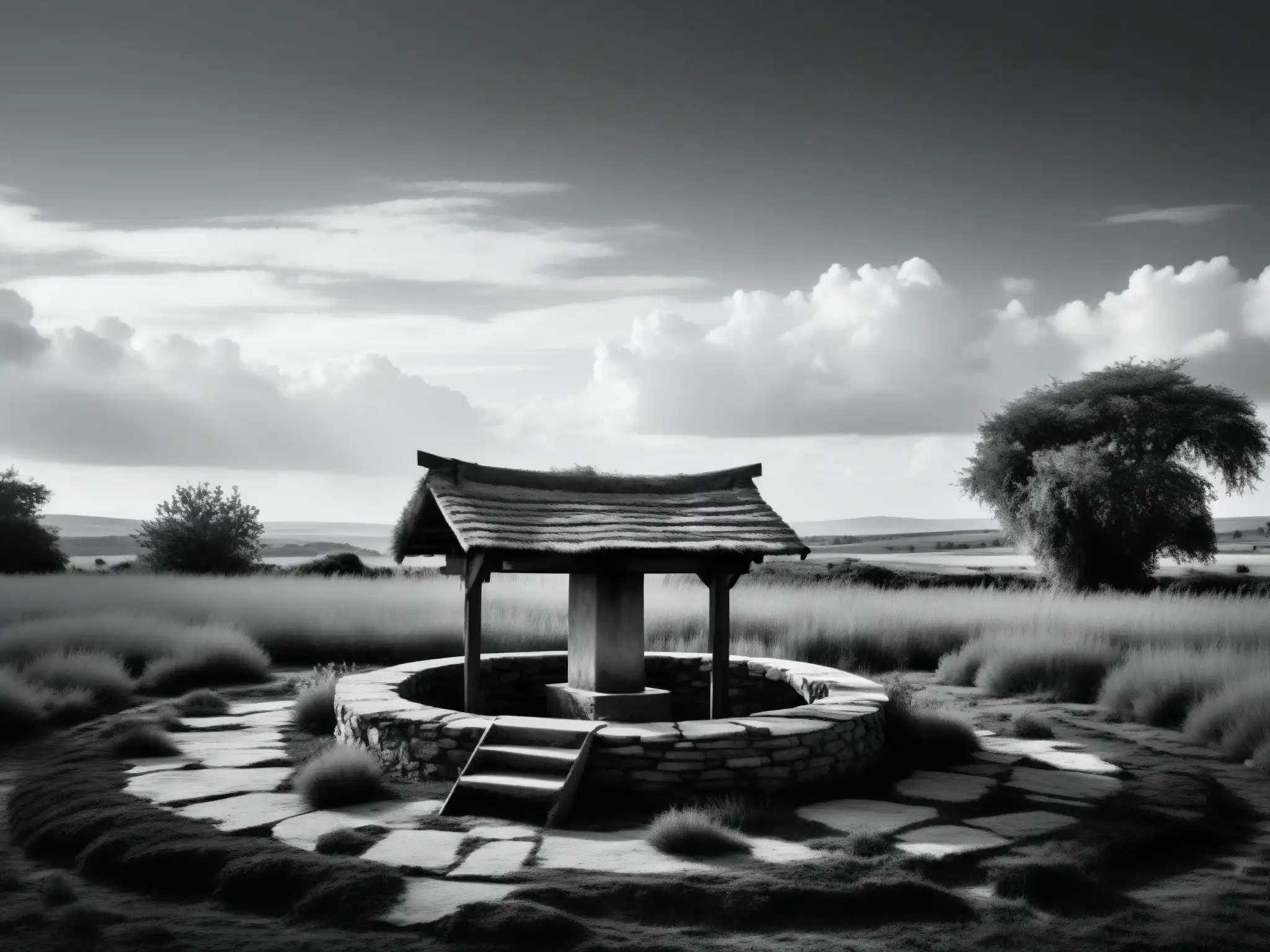 Una foto en blanco y negro de un paisaje rural desolado con un pozo de piedra solitario y vegetación desbordante