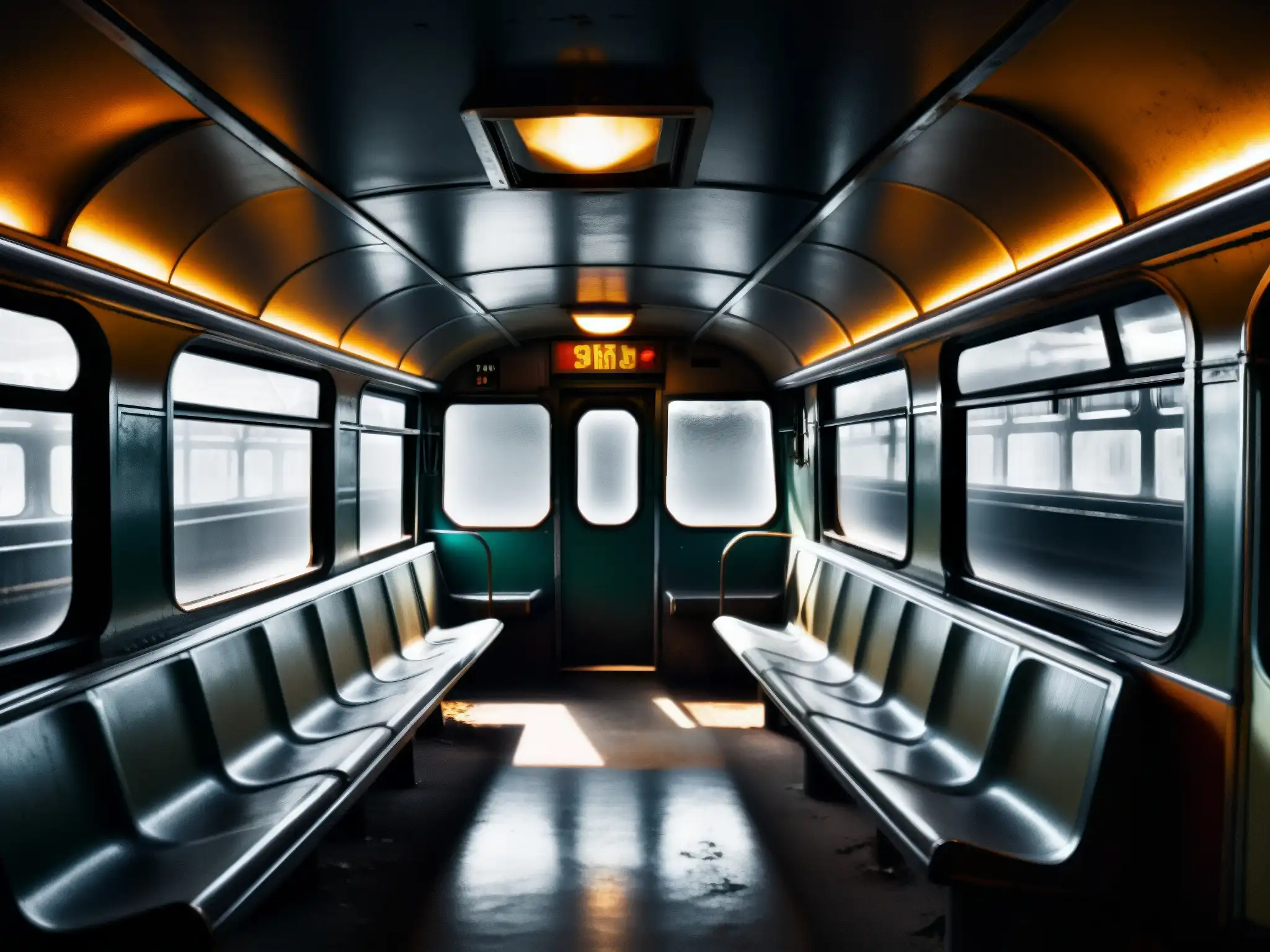 Foto en blanco y negro de un vagón de metro abandonado, con una atmósfera fantasmagórica de desolación y misterio