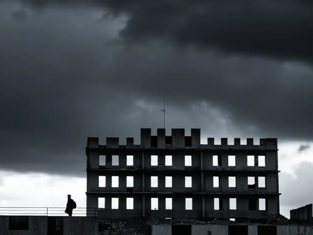 Foto en escala de grises de un edificio de la Guerra Fría en Europa, bajo un cielo dramático, evocando misterio e historia