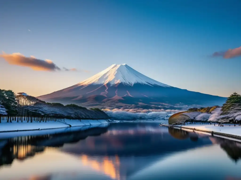 Foto impactante del Monte Fuji al atardecer, reflejándose en un lago