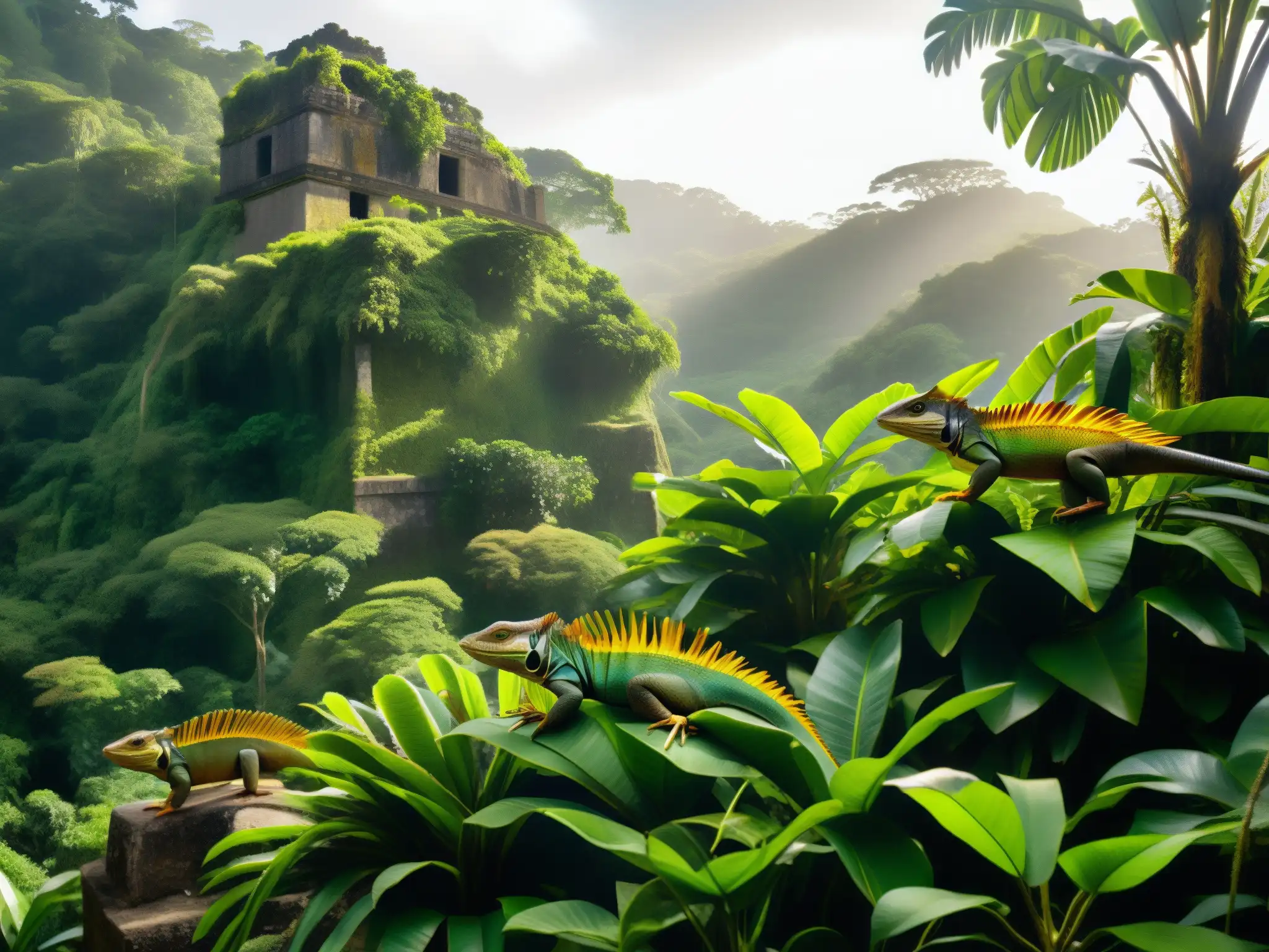 Una fotografía impactante de la exuberante selva de Ecuador, con iguanas doradas en ruinas antiguas