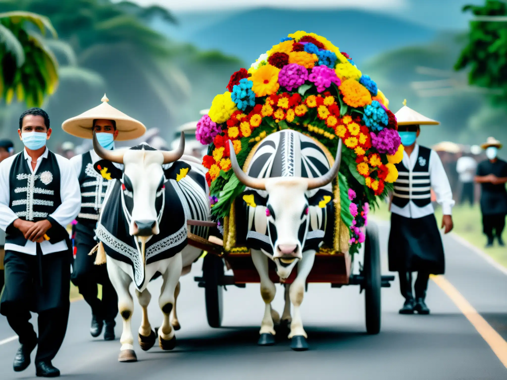 Procesión funeraria tradicional en Centroamérica, con carretón adornado y vestimenta ritual