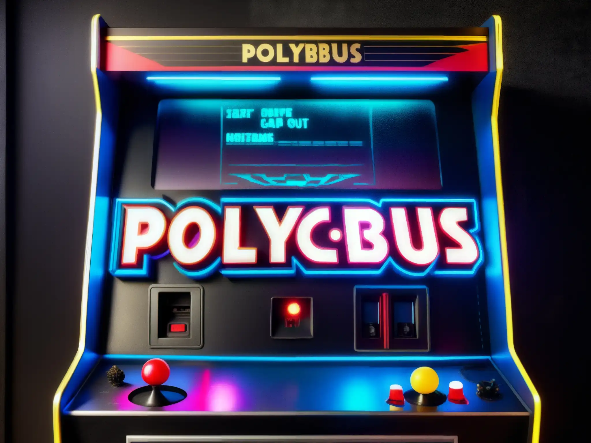 Un gabinete de arcade vintage cubierto de polvo y telarañas, con el título 'Polybius' apenas visible