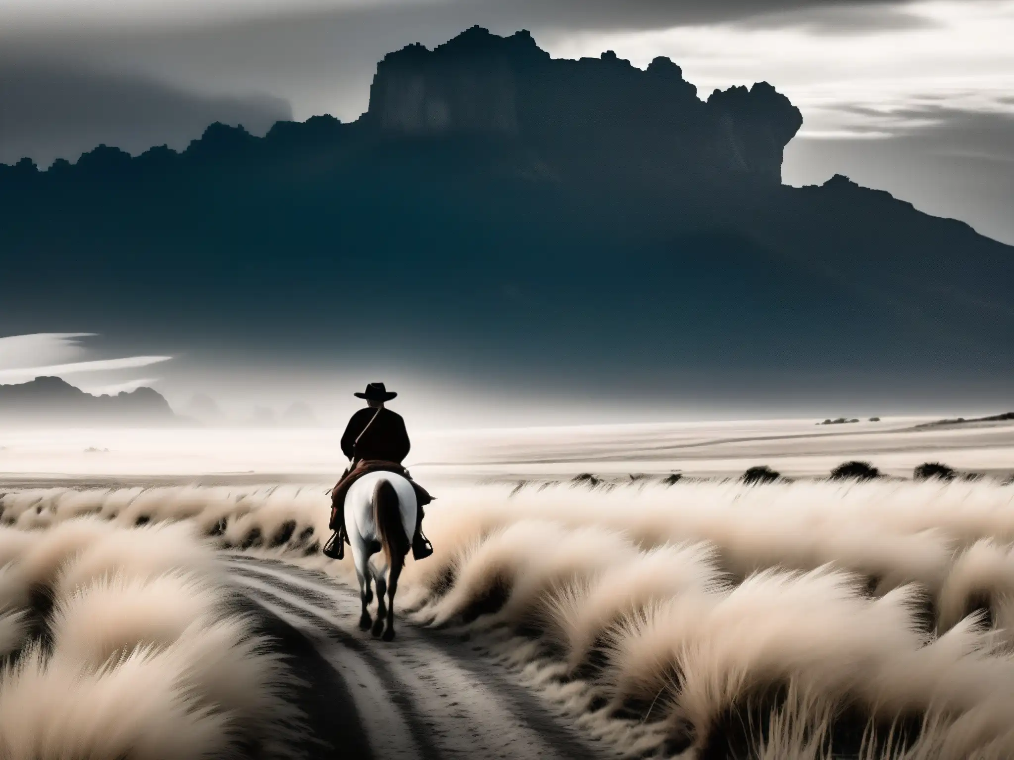 Un gaucho solitario cabalga en la desolada Pampa Argentina, enfrentando la Maldición del Viento Negro con determinación