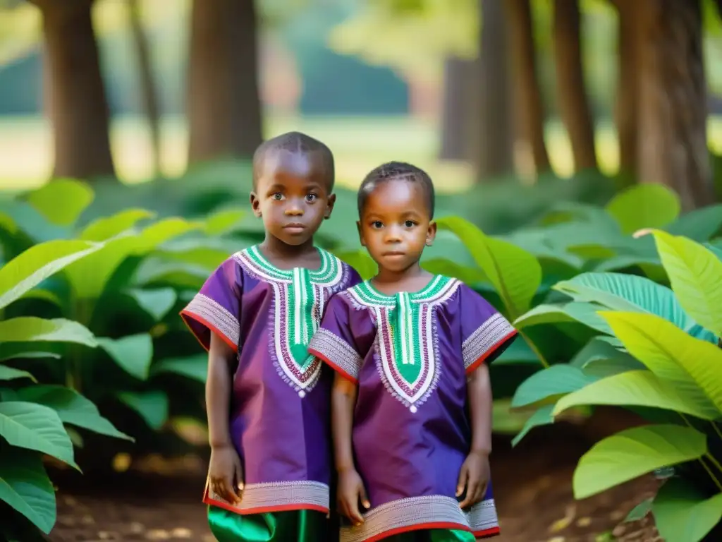 Dos gemelos vestidos con trajes tradicionales Yoruba, se toman de la mano en un claro soleado, rodeados de exuberante vegetación y telas coloridas