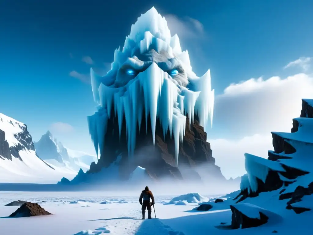 Un gigante de hielo contempla el horizonte con ojos azules, su piel cubierta de escarcha