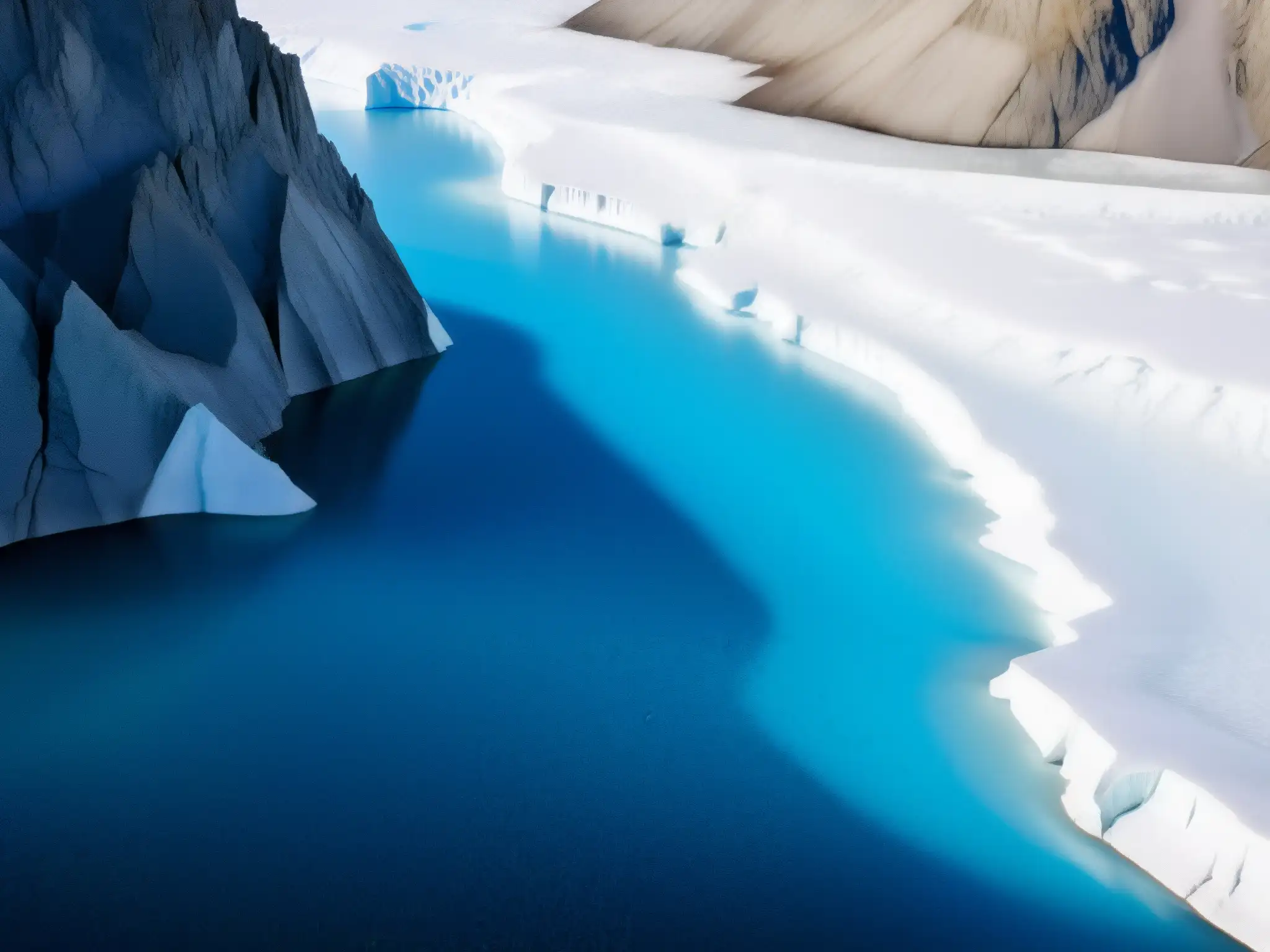 Un glaciar derretido revela la red de grietas y pozas de agua, con la luz del sol filtrándose a través del hielo